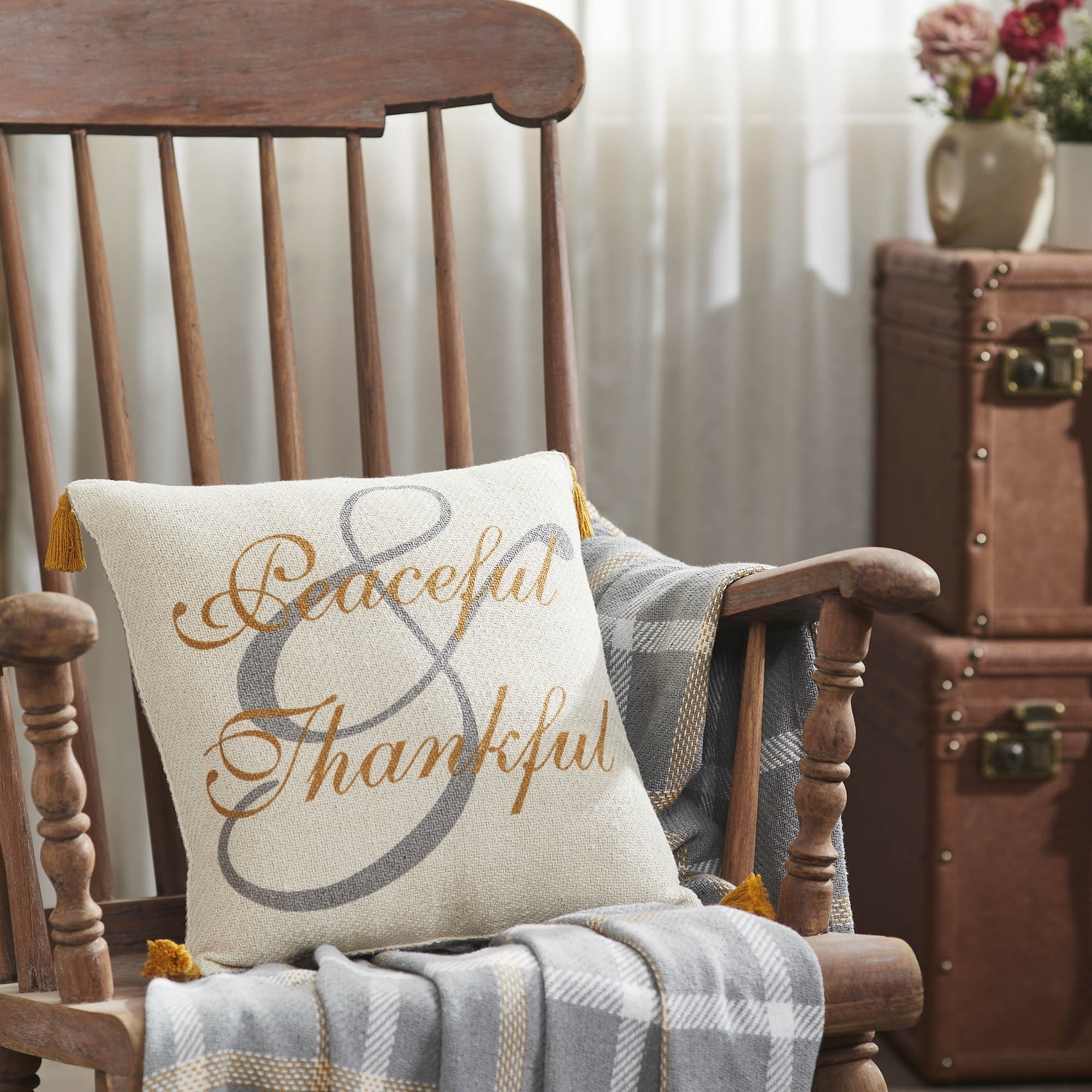 Harvest Blessings Peaceful Thankful Woven Decorative Throw Pillow Inch Square Fall Farmhouse Accent