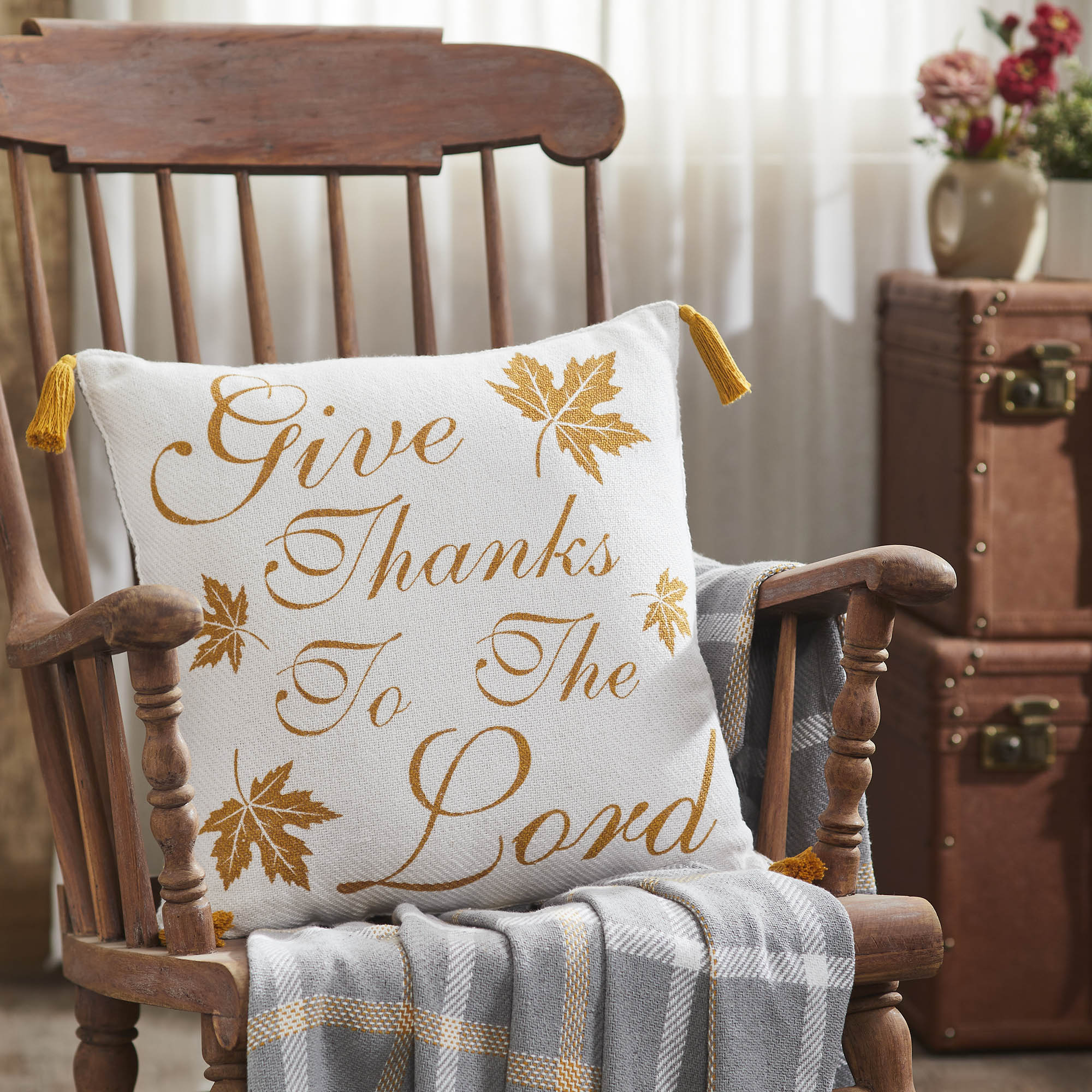 Harvest Blessings Give Thanks to the Lord Woven Fall Farmhouse Throw Pillow Decorative Accent