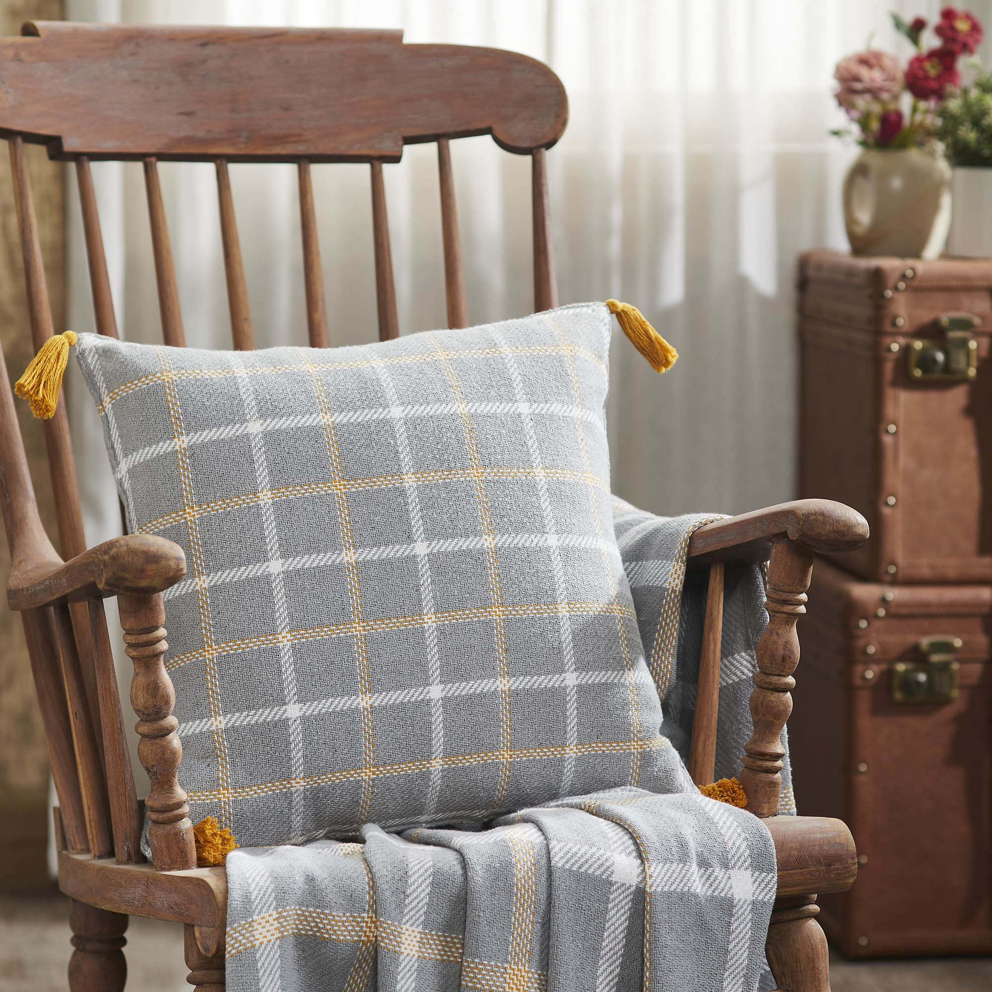 Harvest Blessings Farmhouse Rustic Woven Plaid Decorative Throw Pillow, Autumn Fall Accent