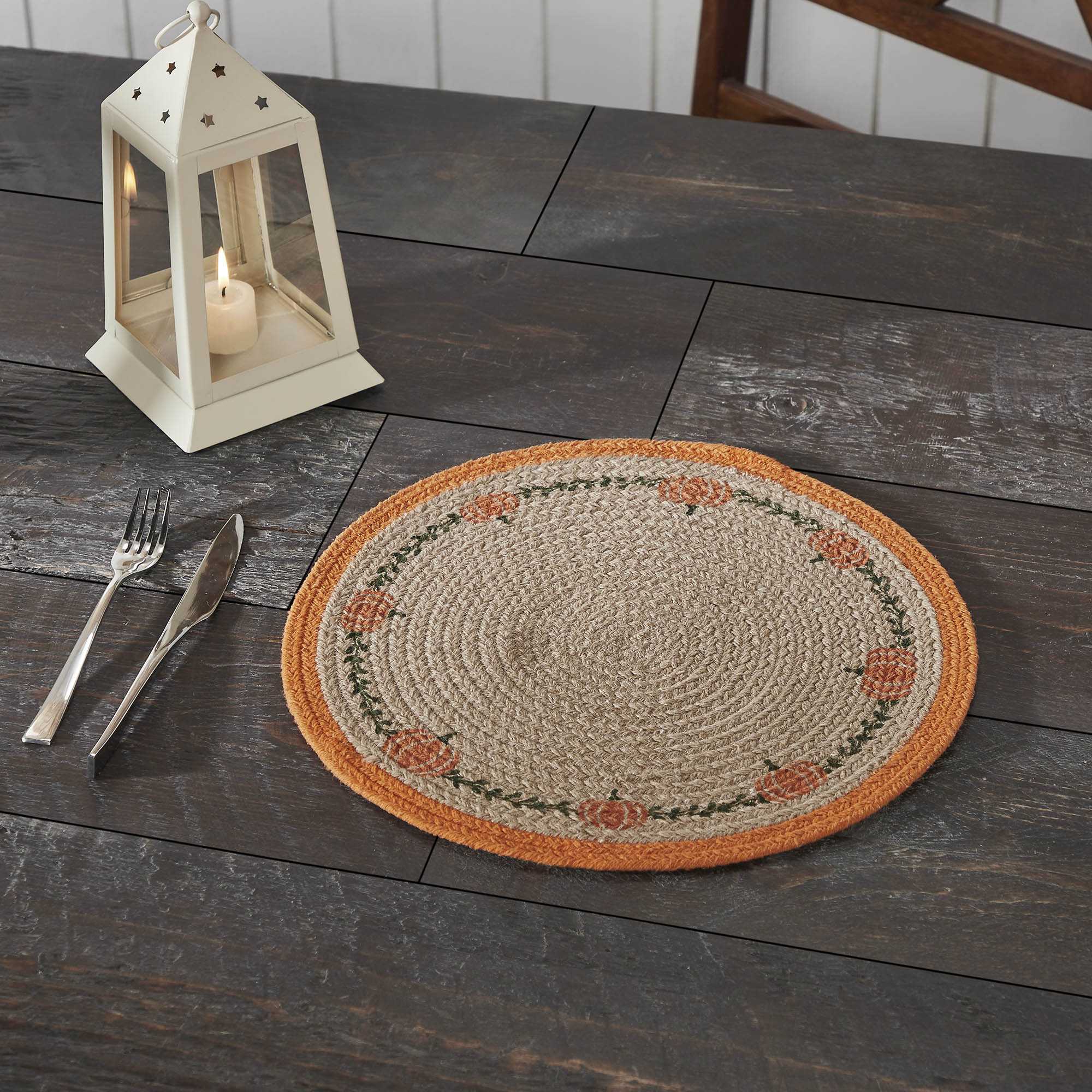 Harvest Blessings Natural Stenciled Pumpkin Placemat, Round Fall Table Decor
