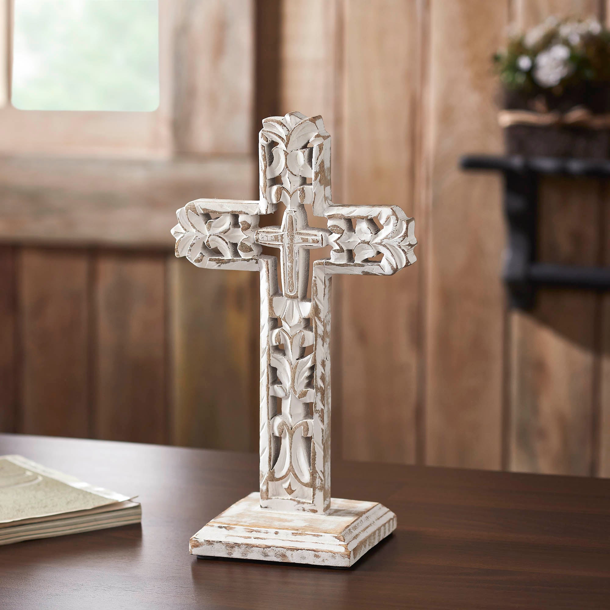 Distressed White Ornate Wooden Cross w/ Base