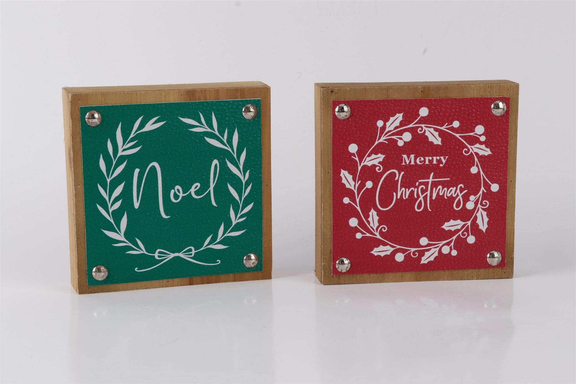 Merry Christmas and Noel Sign (2 Asst) 5”SQ Wood/Faux Leather
