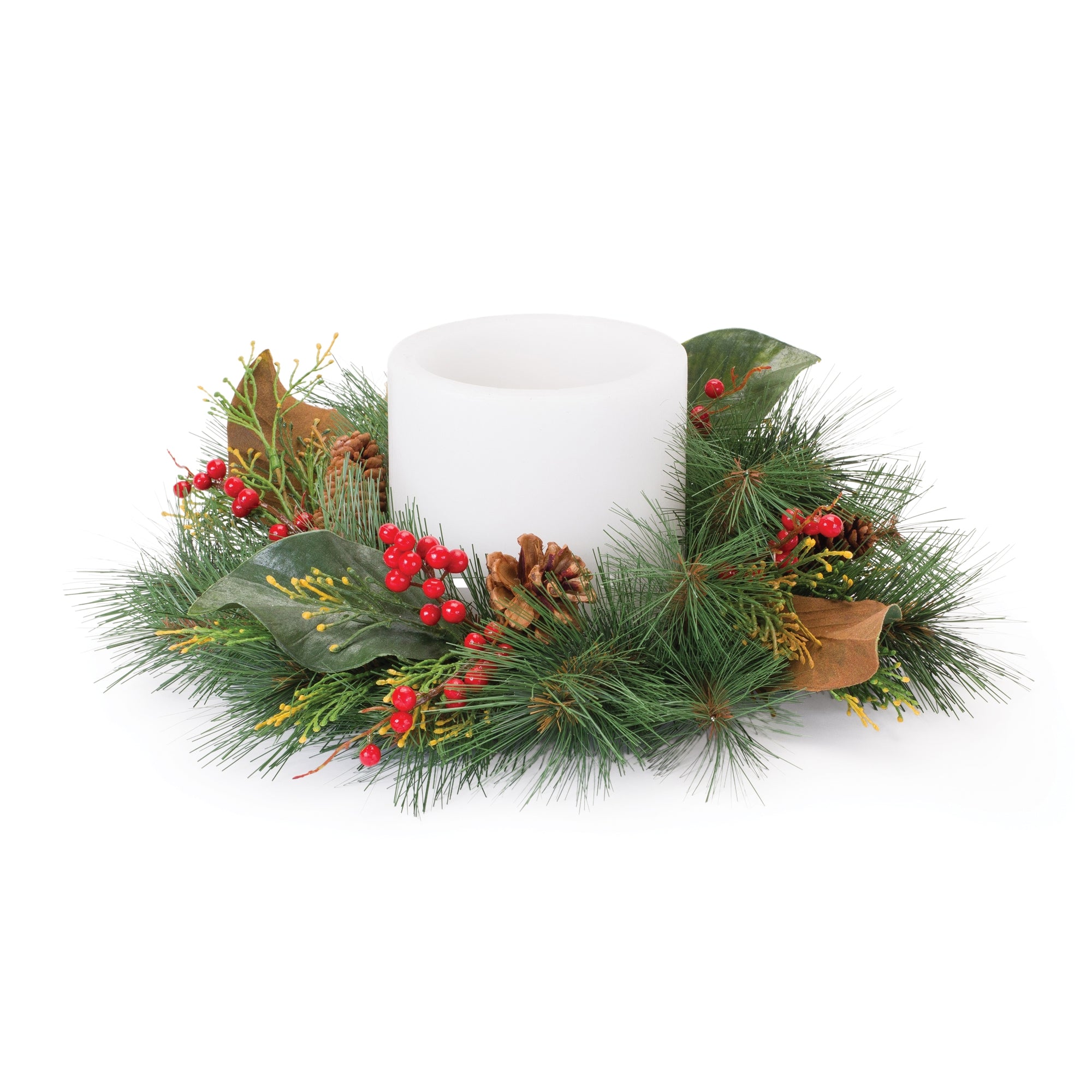 Pine w/Magnolia Leaf & Berry Candle Ring 16"D PVC (Fits a 6" Candle)