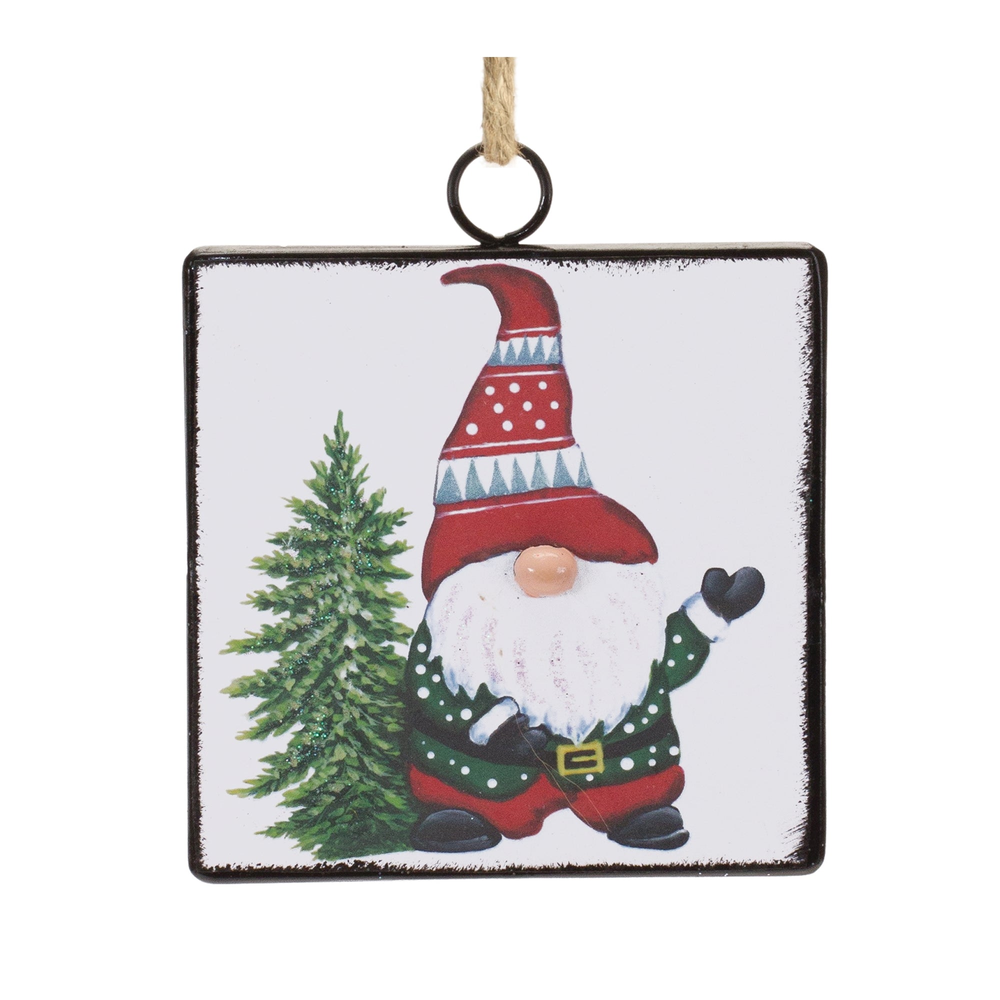 Gnome w/Tree Ornament 4.75”H Metal