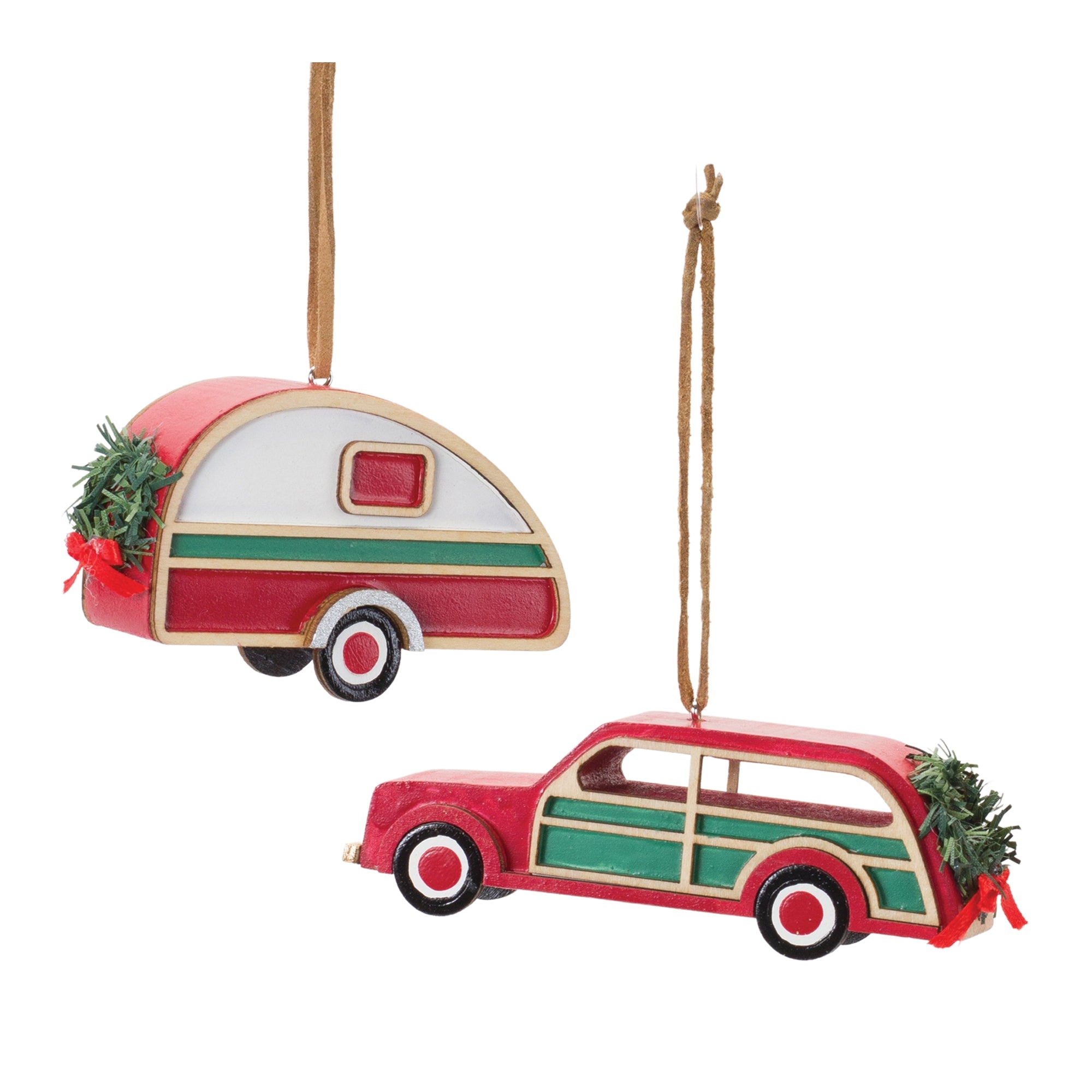 Car and Camper Ornament (2 Asst) 3.5"L x 2.25"H, 4.5"L x 1.5"H Wood