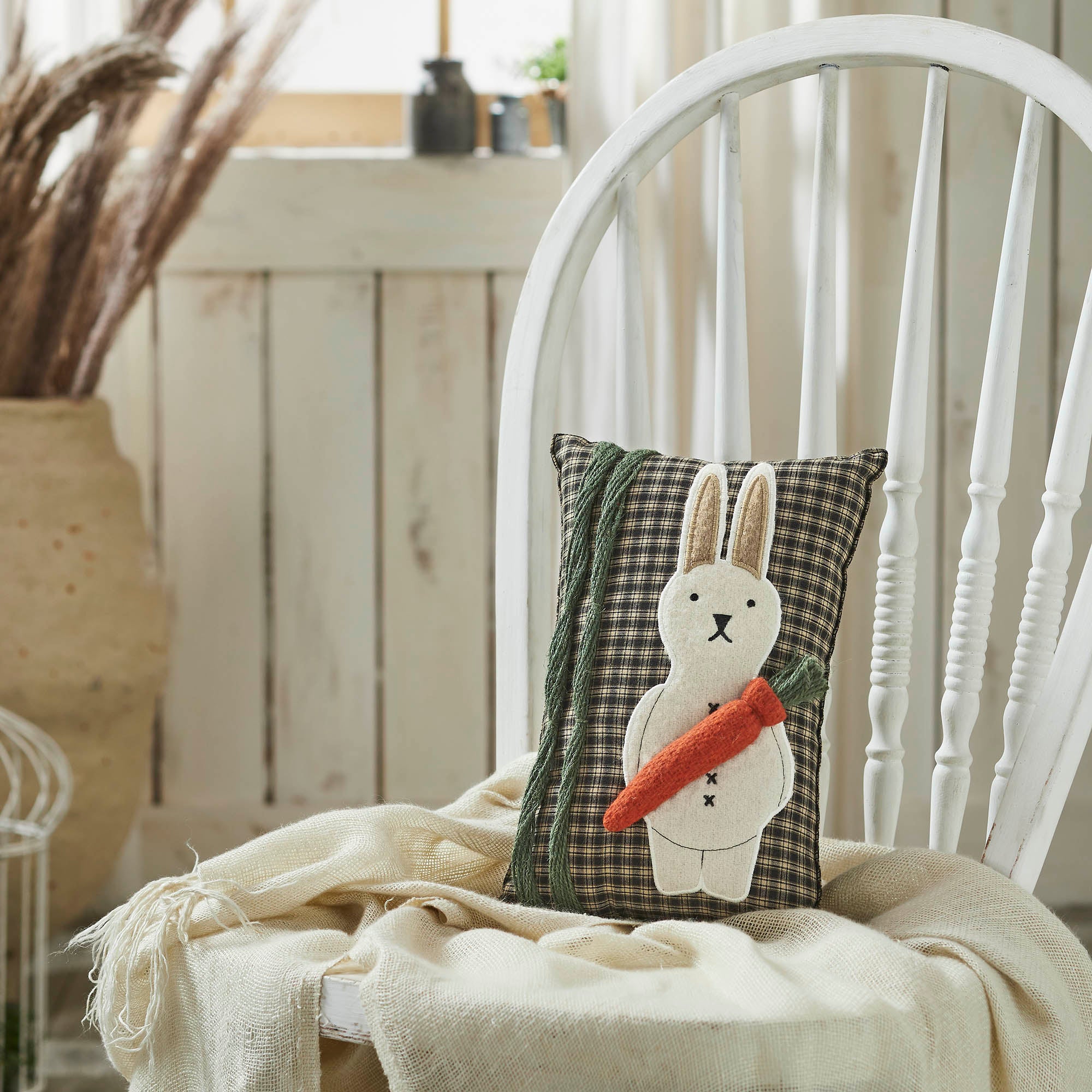 Spring In Bloom Primitive Bunny And Carrot Pillow