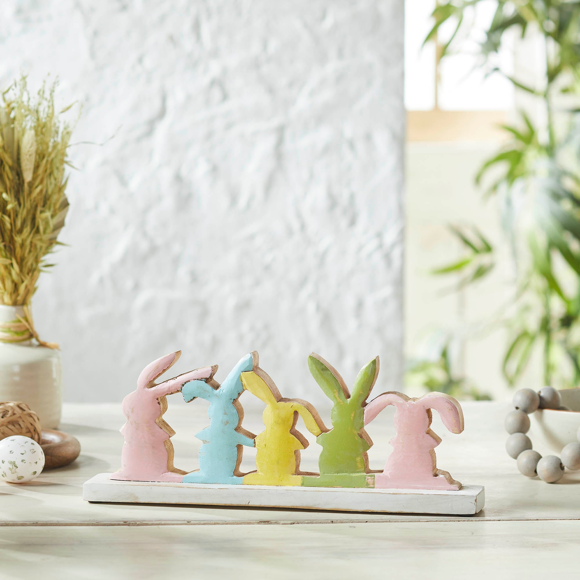 Bunny Hop Rustic Wooden Bunny Silhouette Shelf Sitter - Set of 5 Connected Easter Rabbits - Distressed White Spring Decor - 5x13.5x2