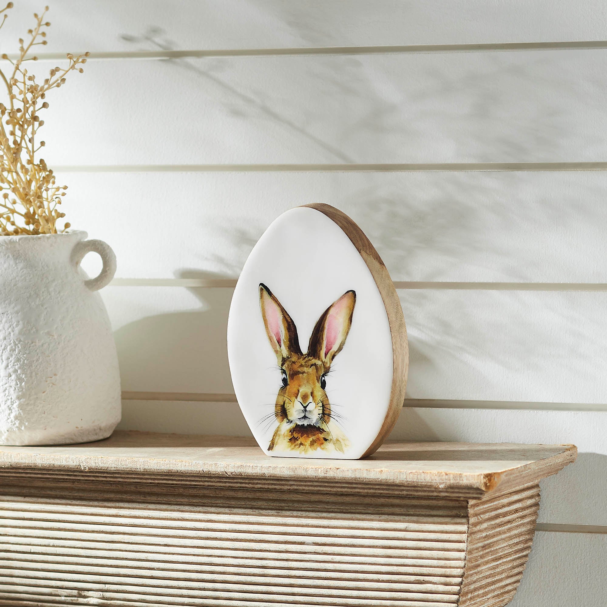 Bunny Hop Wooden Decor Egg Shape White w/ Bunny