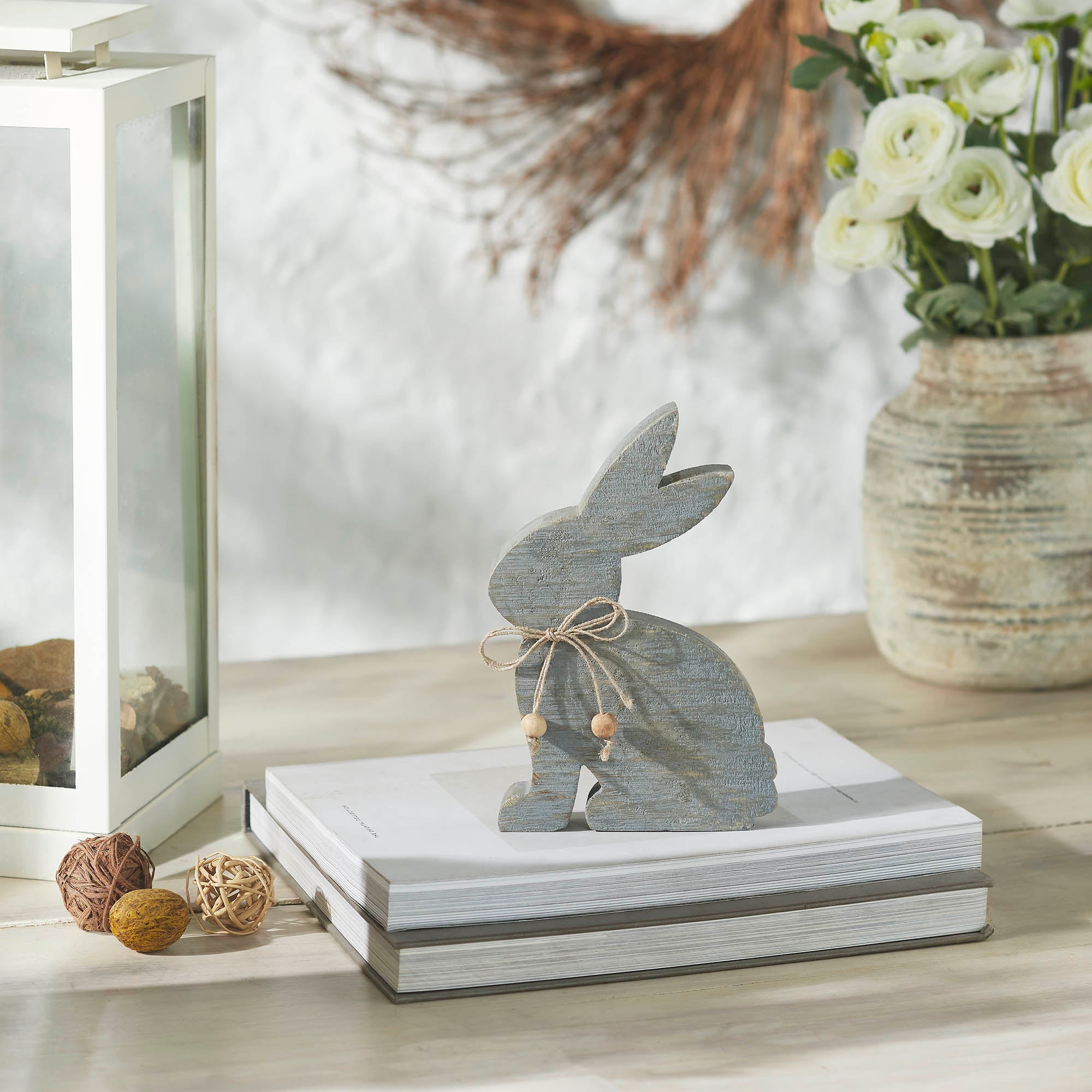 Bunny Hop Wooden Sitting Bunny Grey w/ Natural Beads 8x5x1