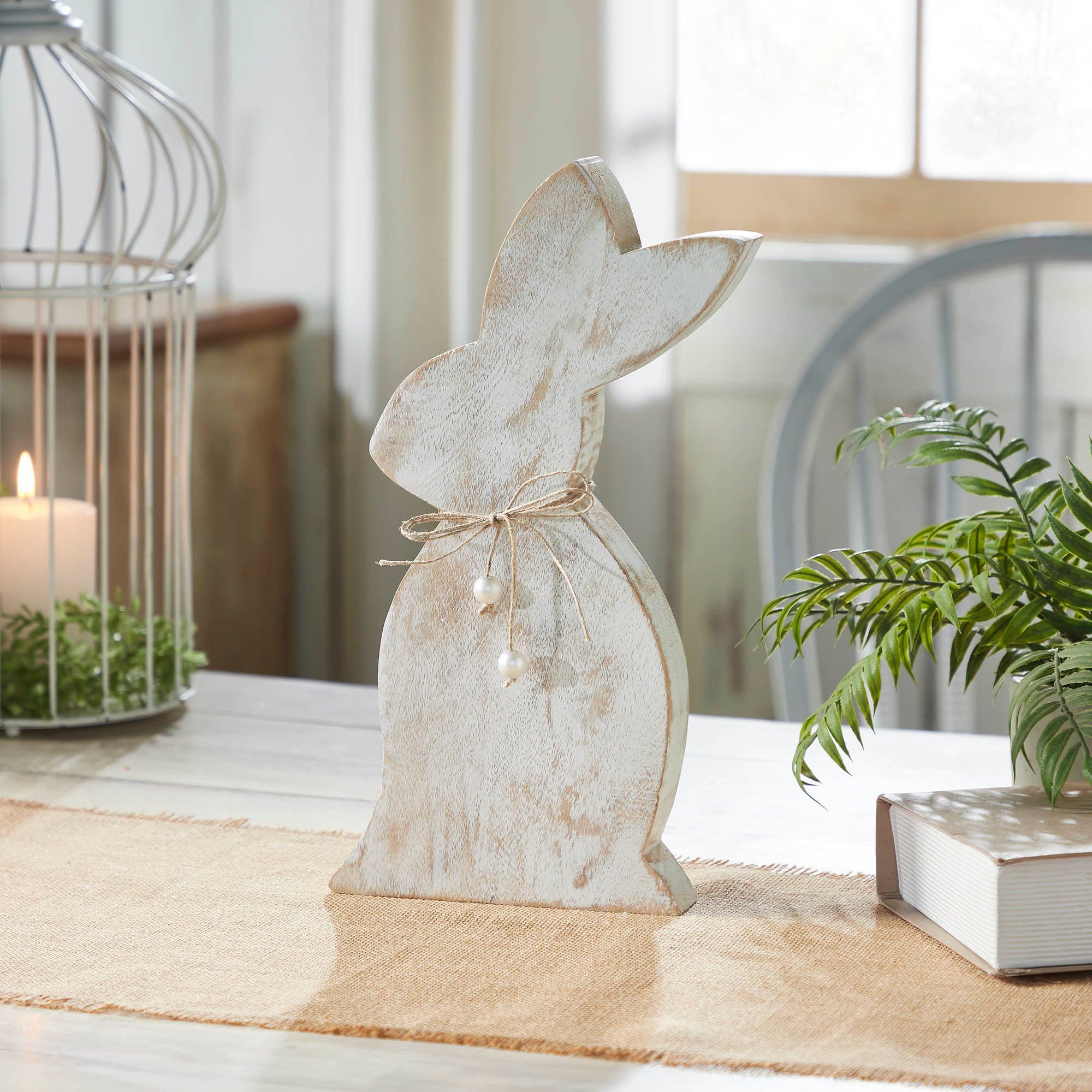 Spring In Bloom Wooden Upright Bunny Silhouette with Twine Bow- Freestanding Rustic Easter Decor
