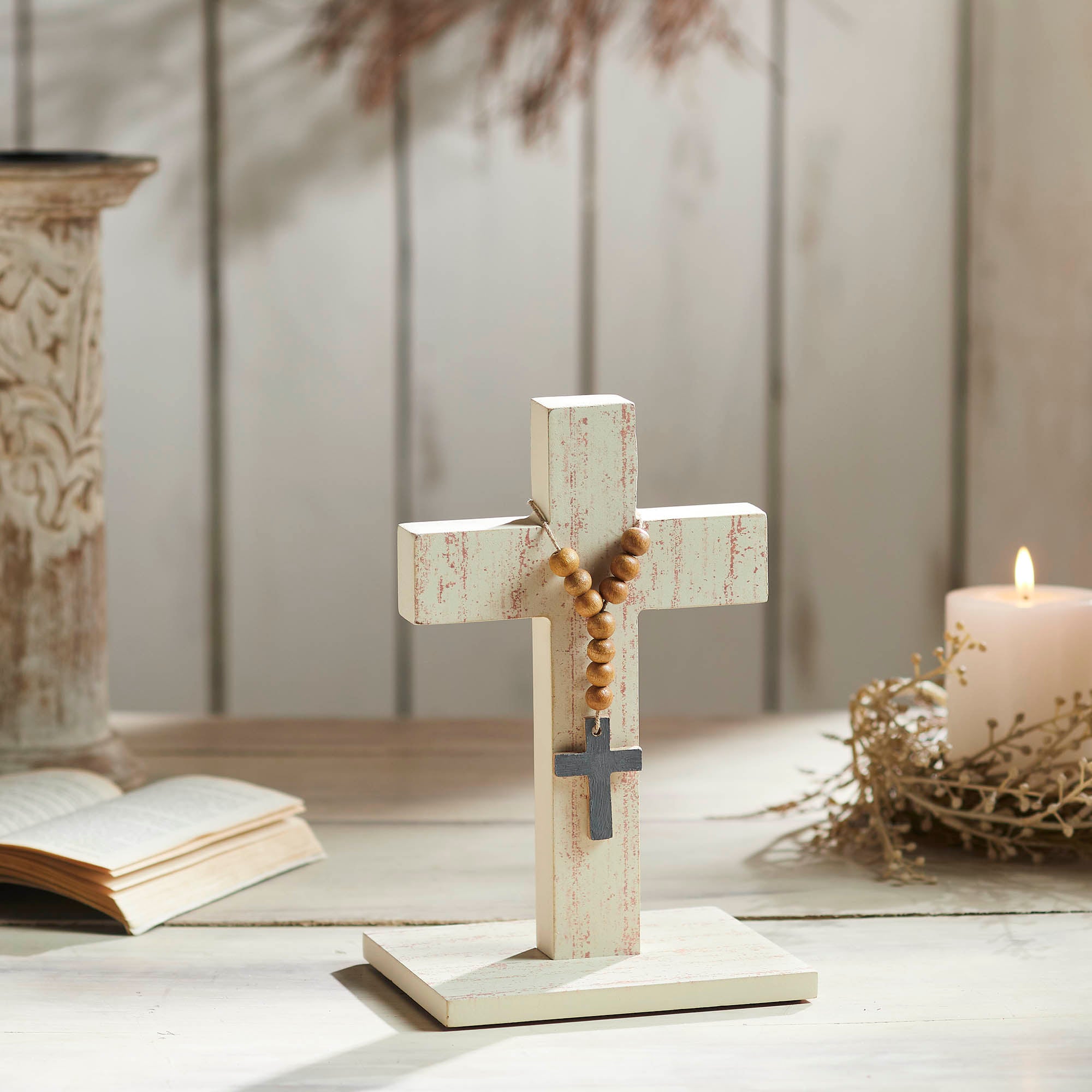 Celebrate Grace MDF Cross w/ Wooden Bead Ornament 9.75x6x5