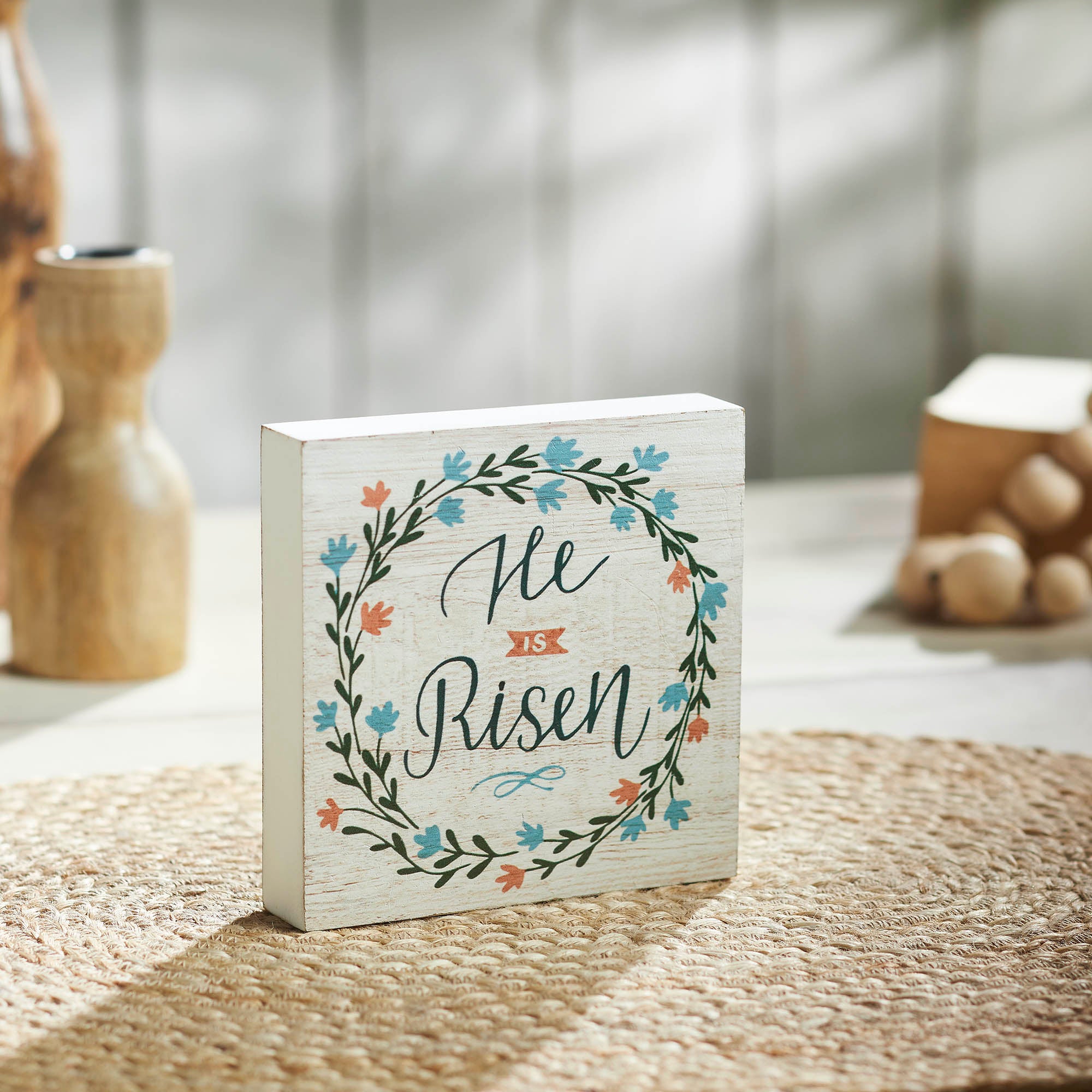 Celebrate Grace He Is Risen w/ Flower Wreath MDF Block Sign