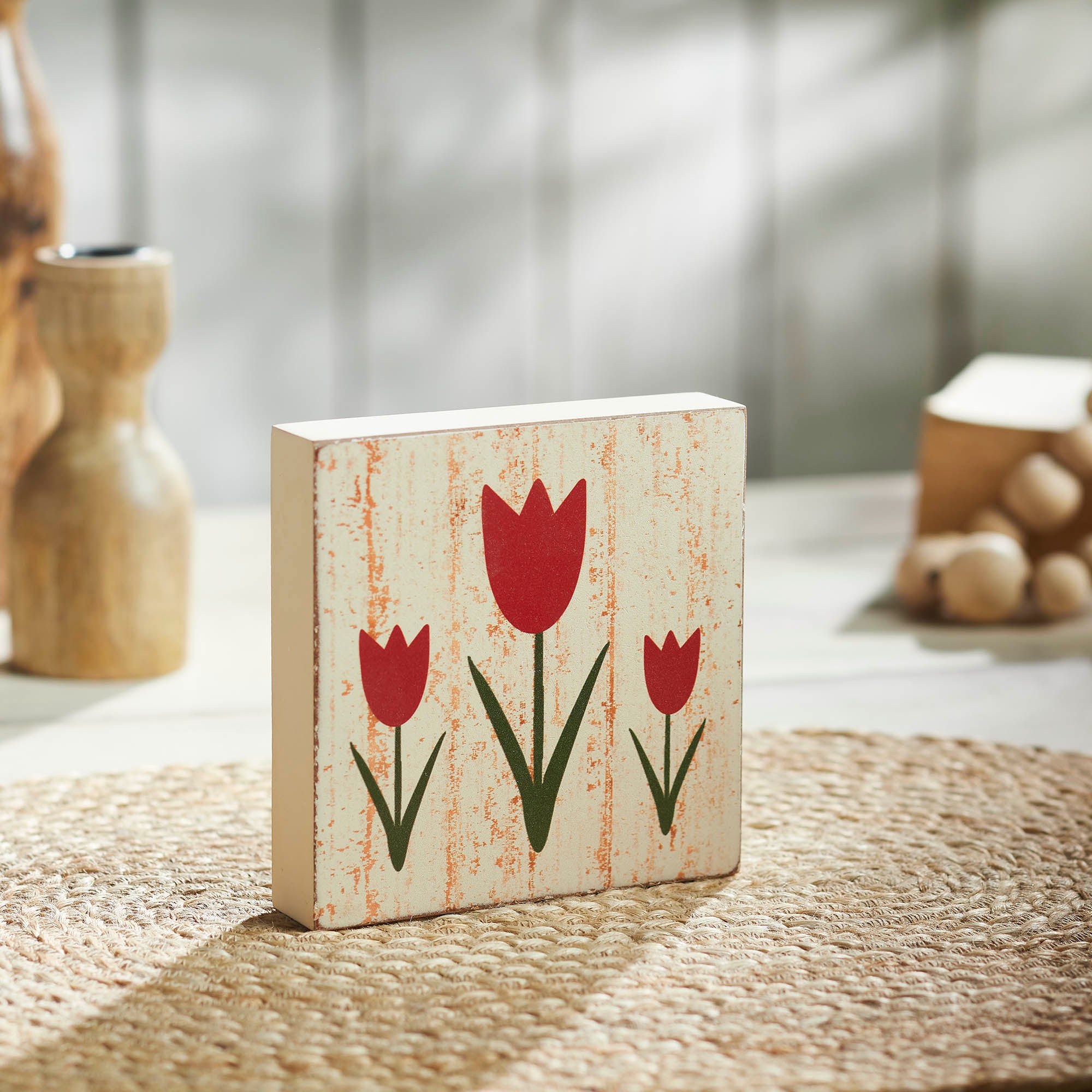 Spring In Bloom Red Tulips Distressed Antique White MDF Block Sign