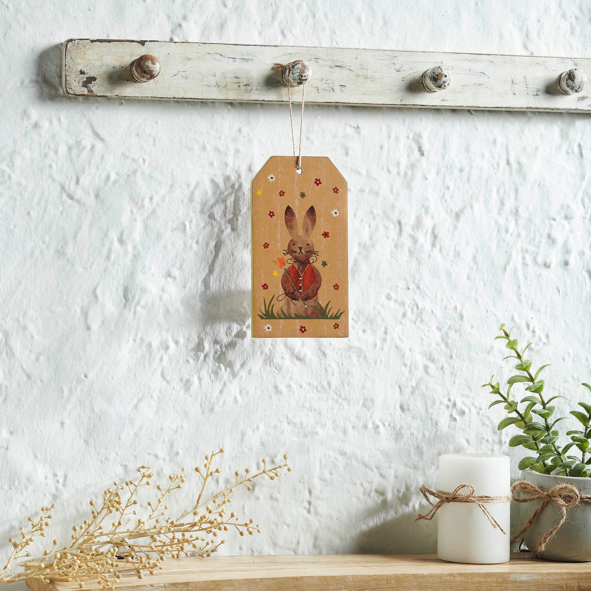 Spring In Bloom Bunny In Vest MDF Tag Ornament w/ Twine