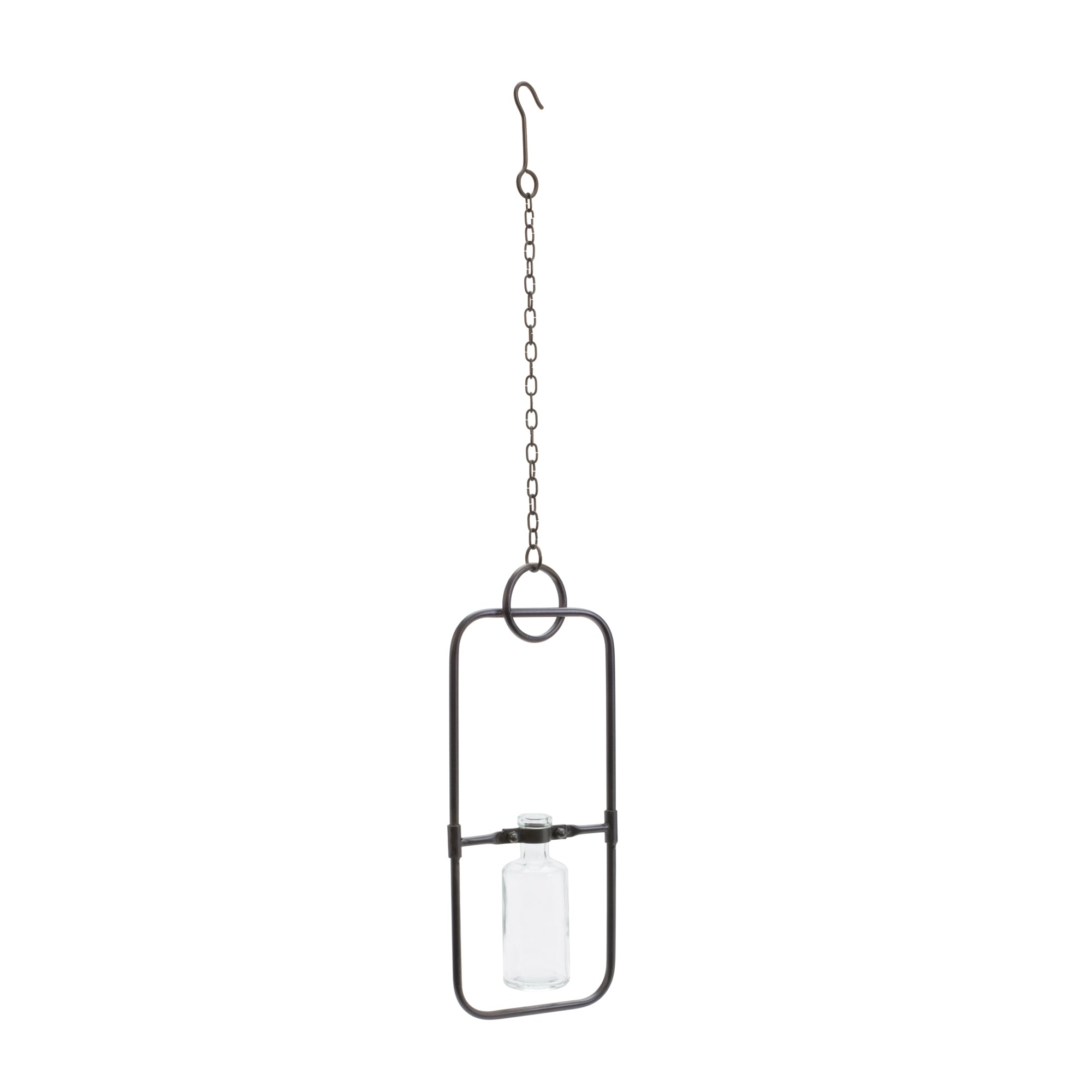 Hanging Bottle Vase 28”H Iron/Glass