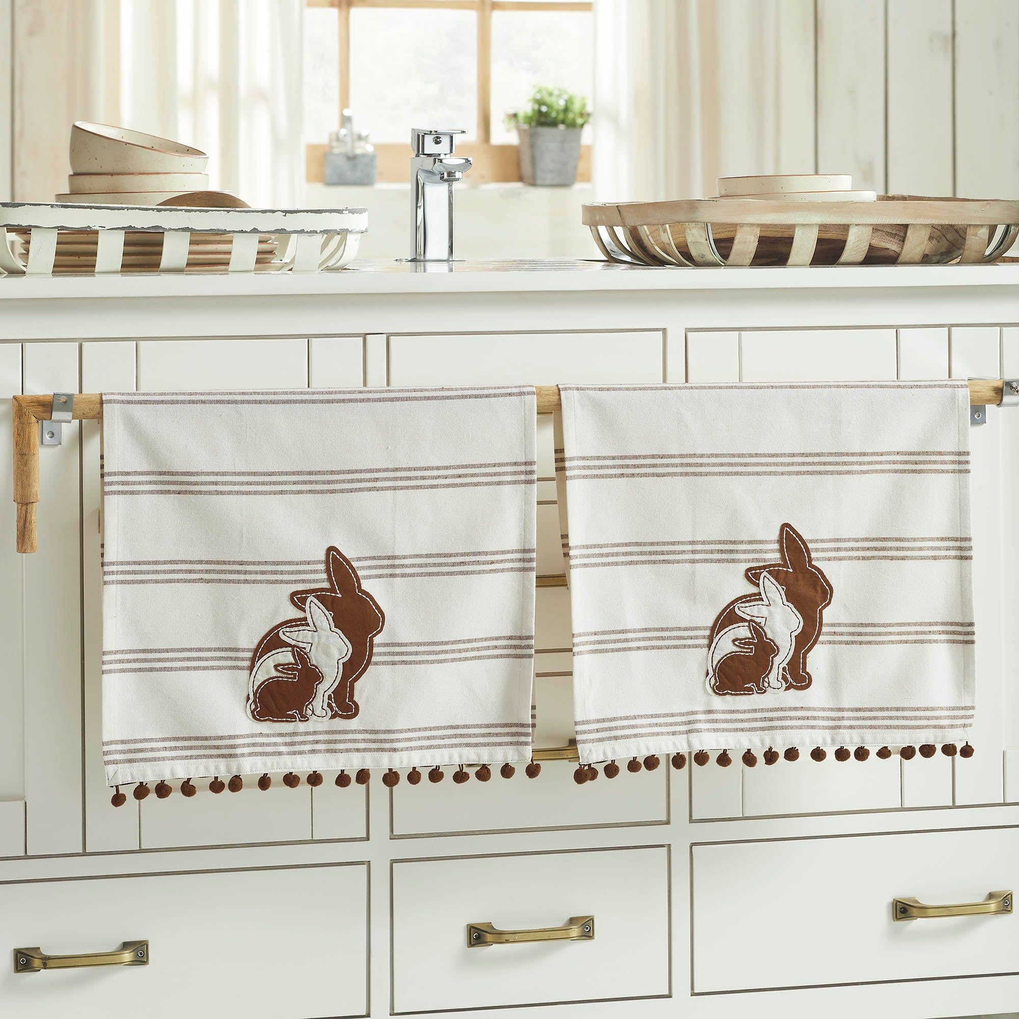 Bunny Hop Silhouette Bunnies w/ Pom Poms Tea Towel Set of 2
