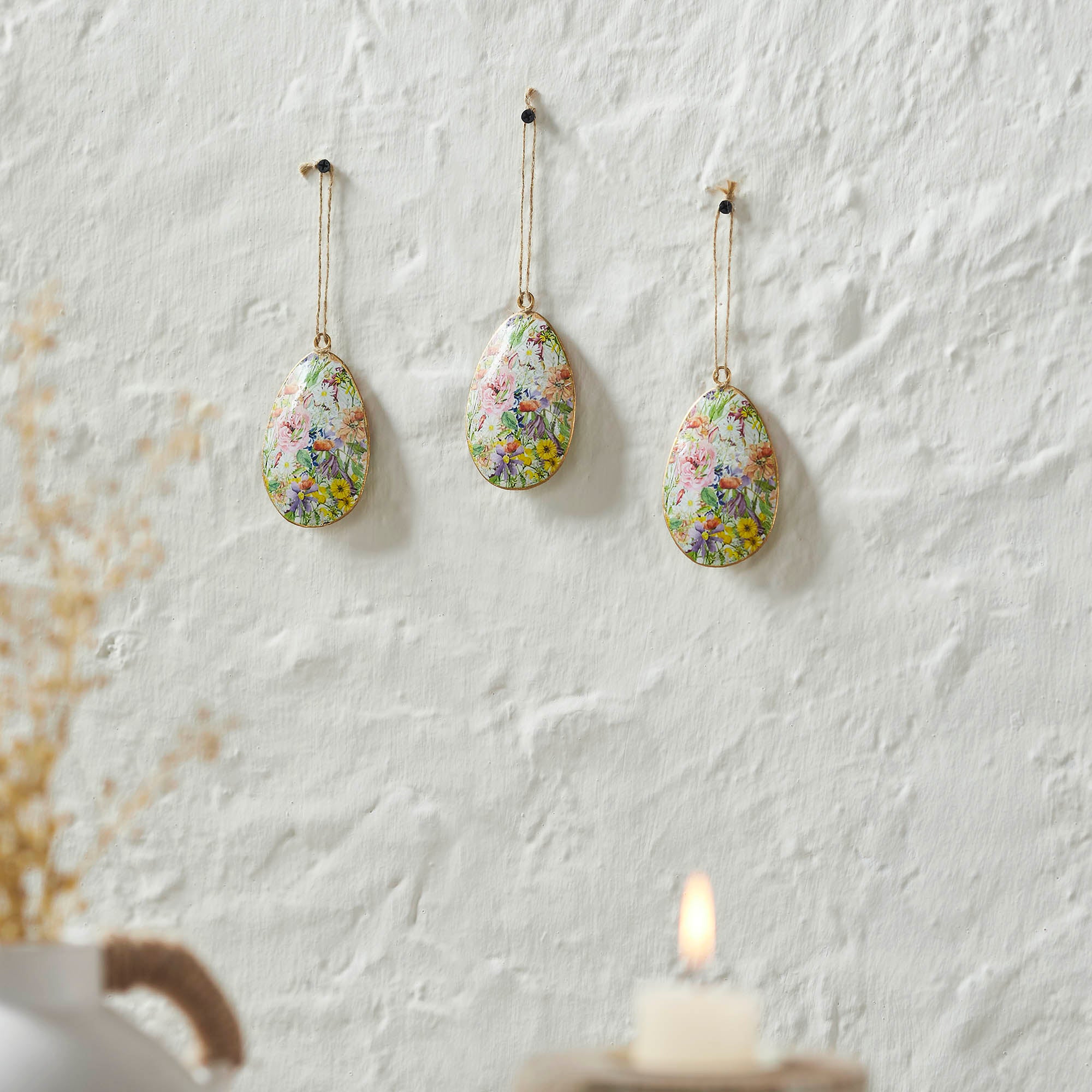 Spring In Bloom Metal Floral Egg Ornament Set of 3