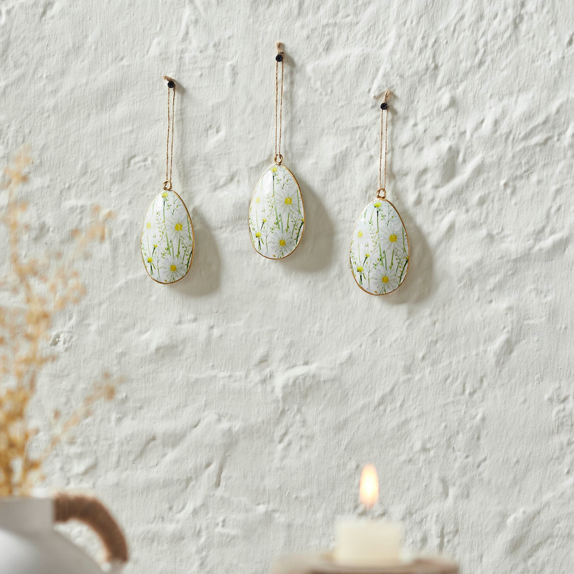 Spring In Bloom Metal Daisies Egg Ornament Set of 3