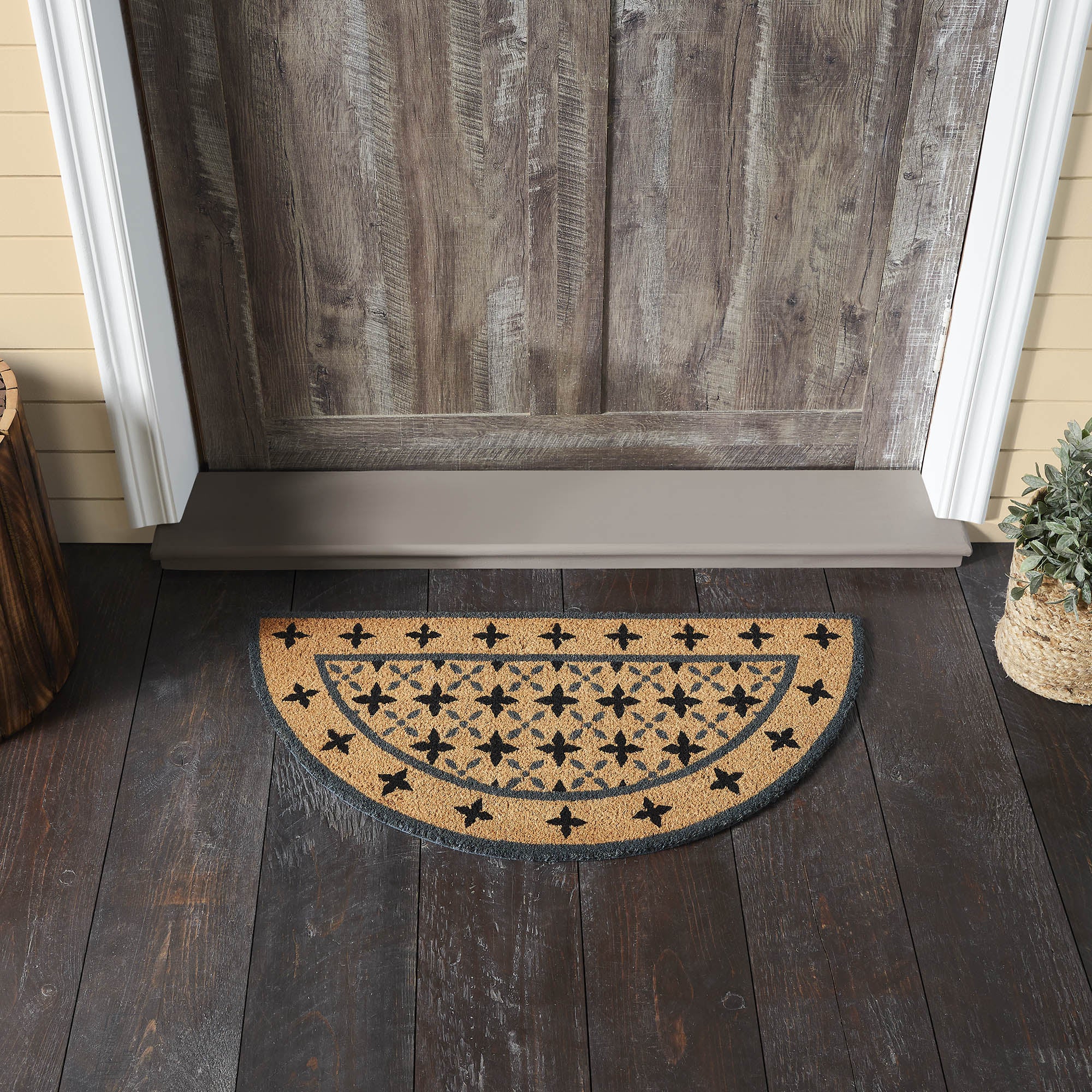 Charleston Mosaic Black Grey Coir Rug Half Circle 16.5x33