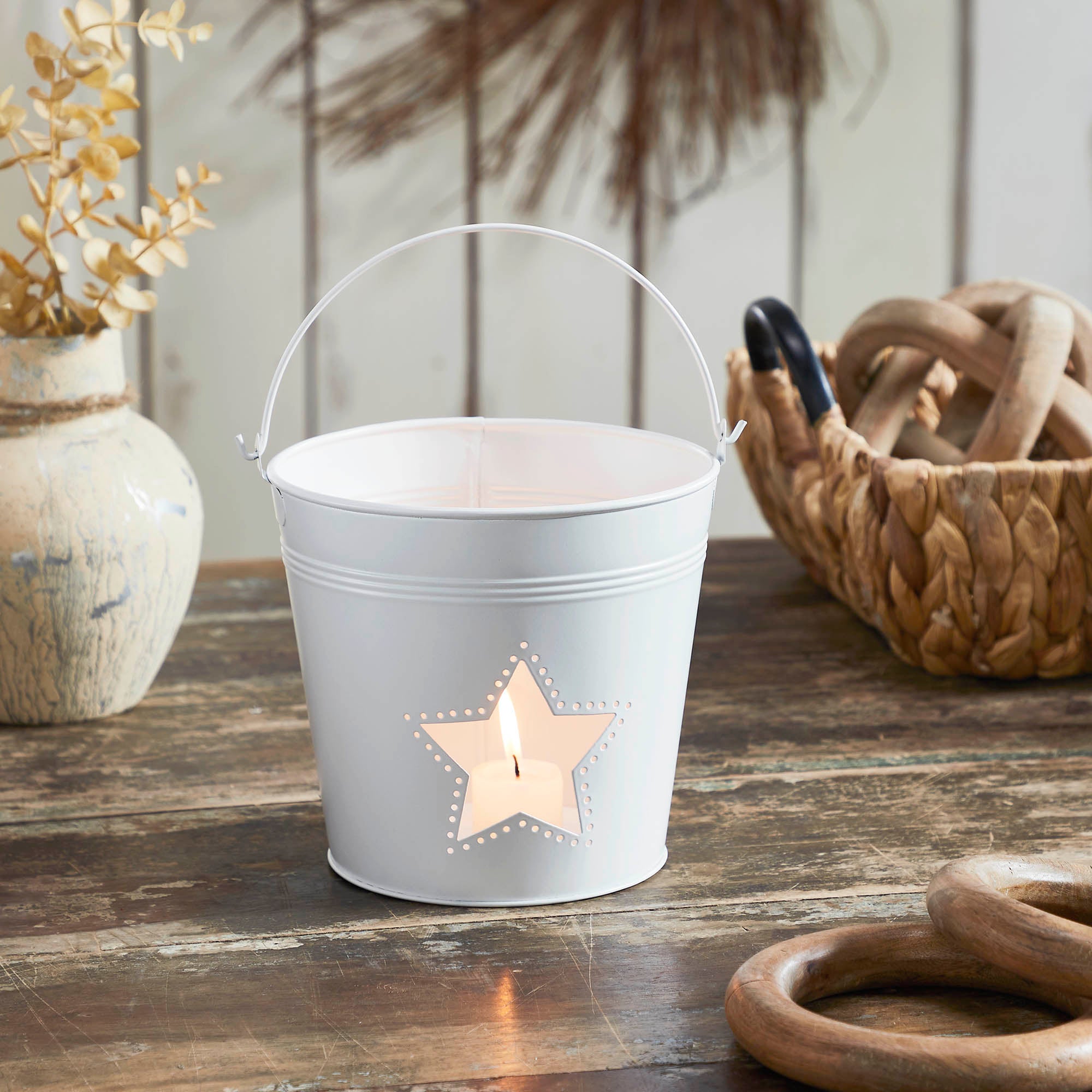 Metal Bucket w/ Star Cutout White