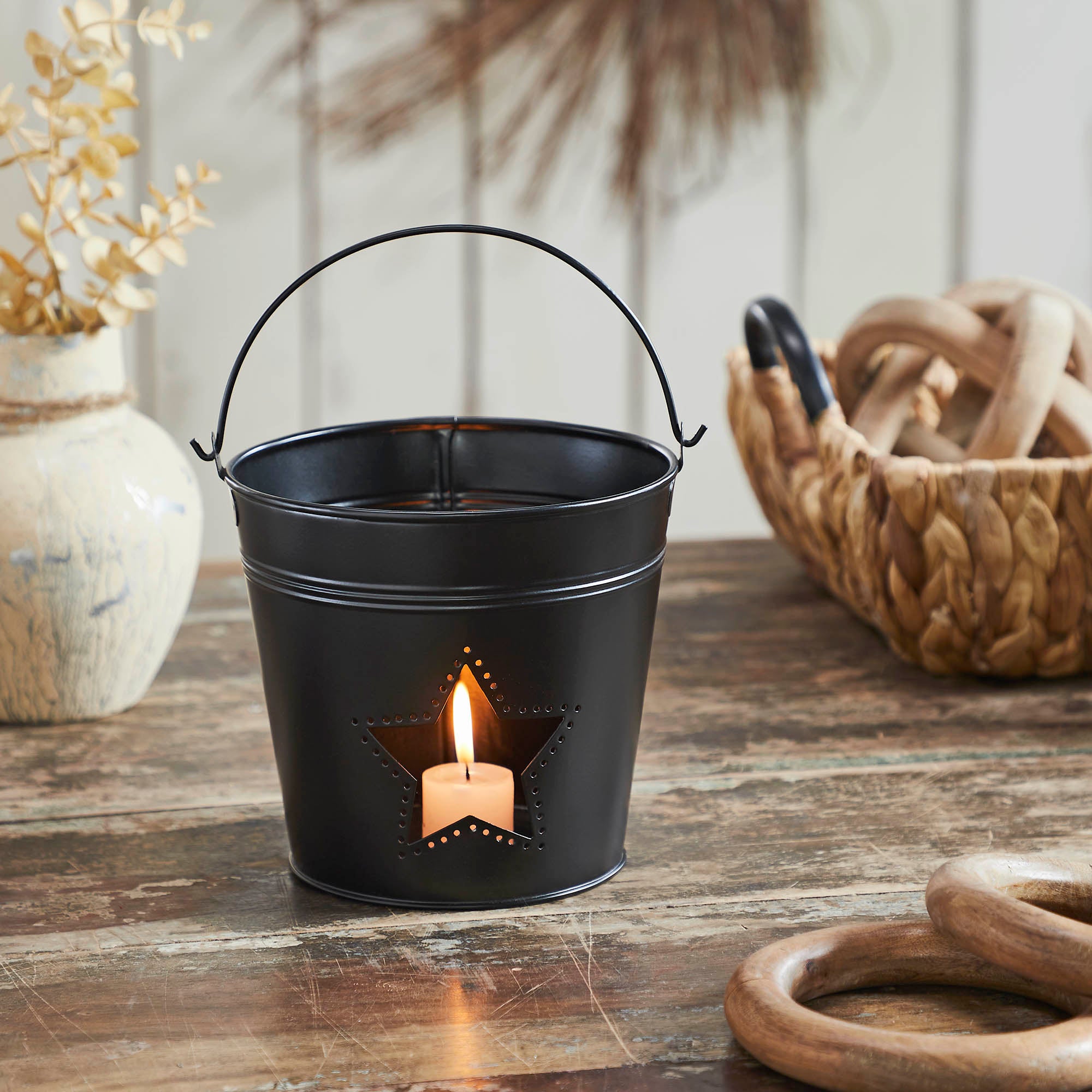 Metal Bucket w/ Star Cutout Black