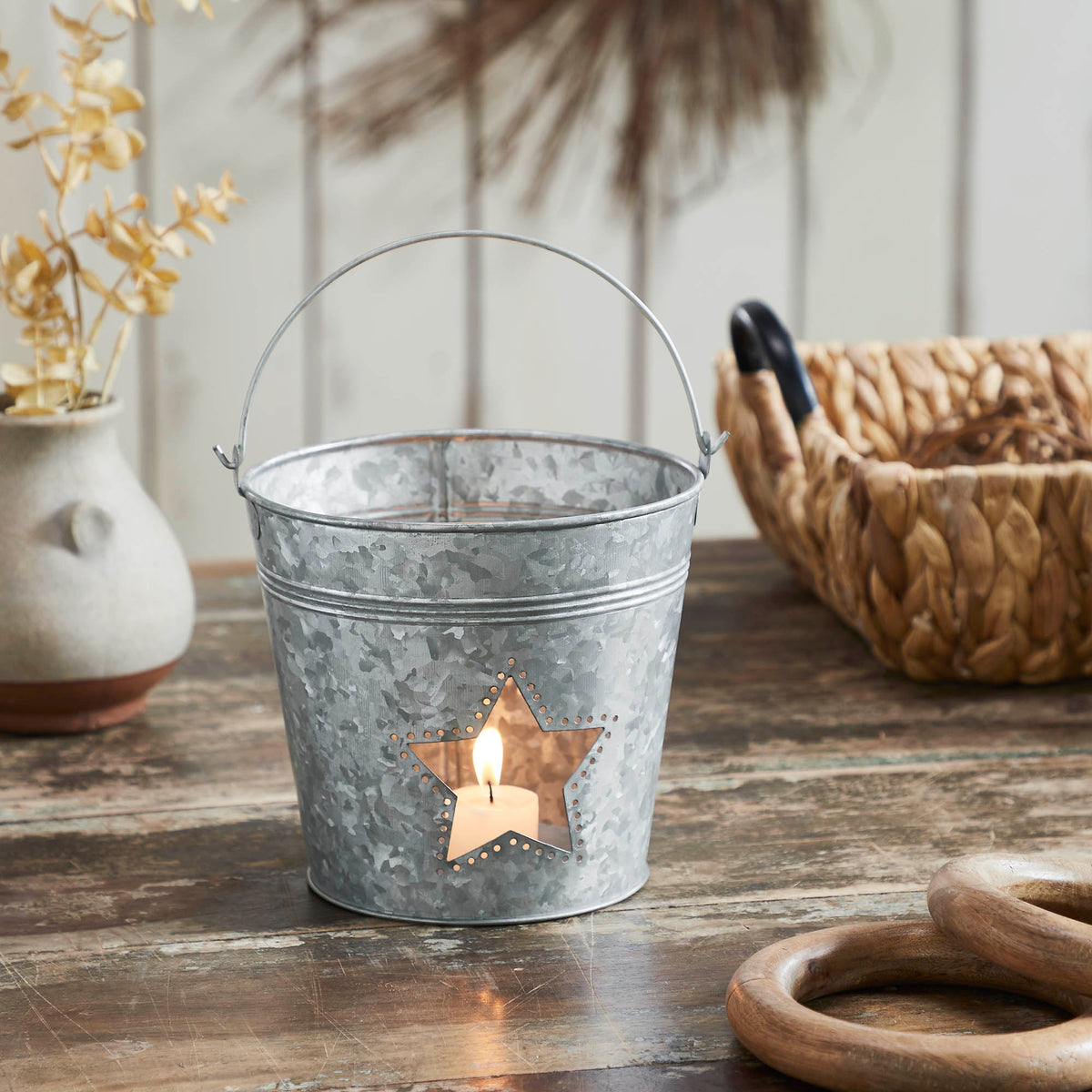 Metal Bucket w/ Star Cutout Galvanized