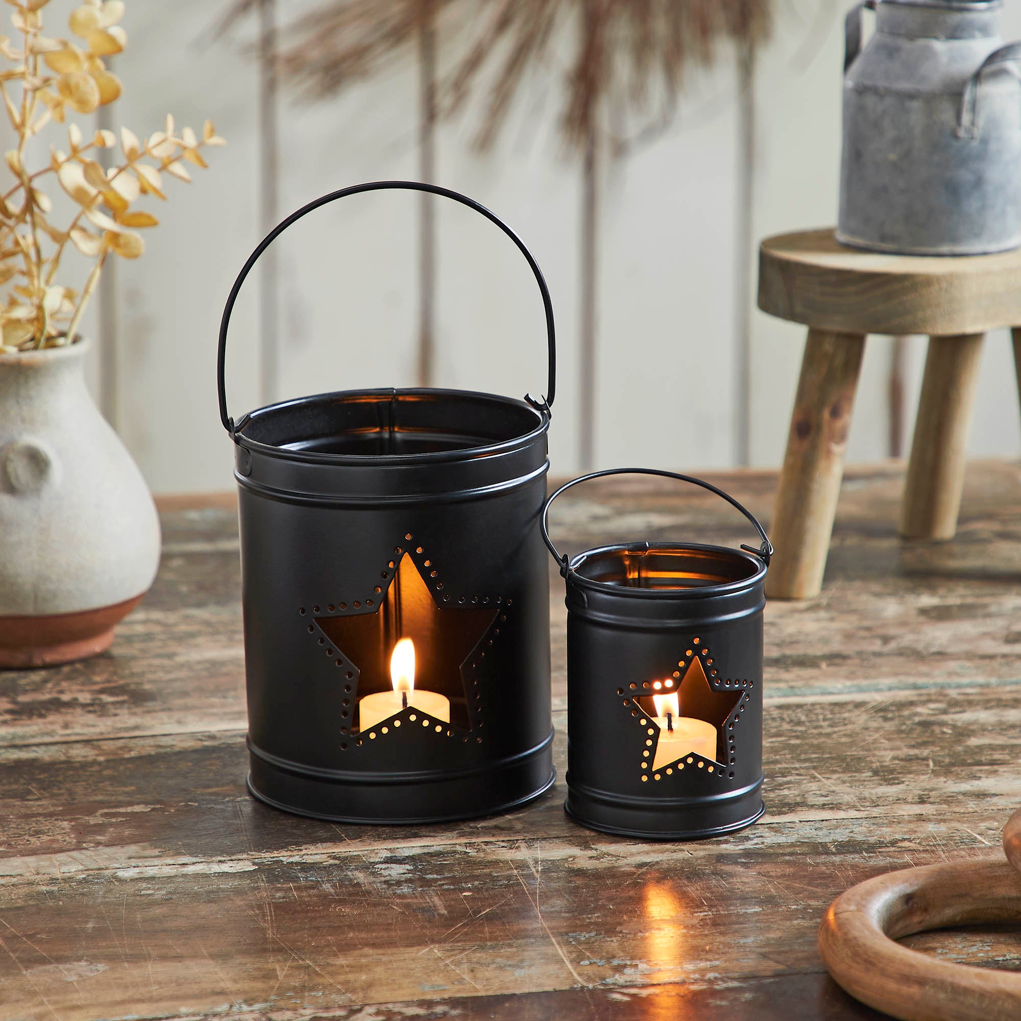 Patriotic Star Black Metal Candle Holder Set of 2- 5.5/