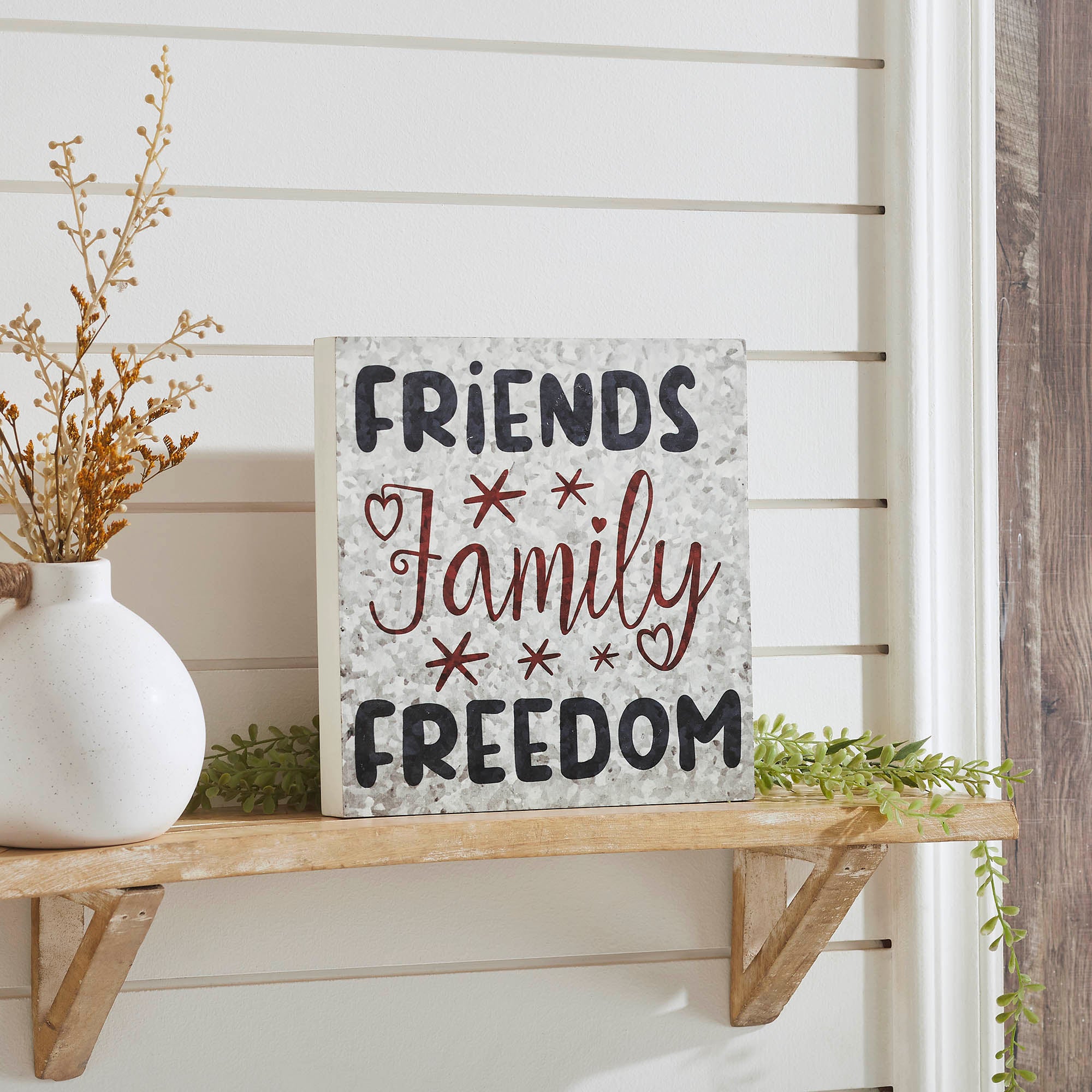 Friends Family Freedom On Galvanized Metal Print MDF Block Sign