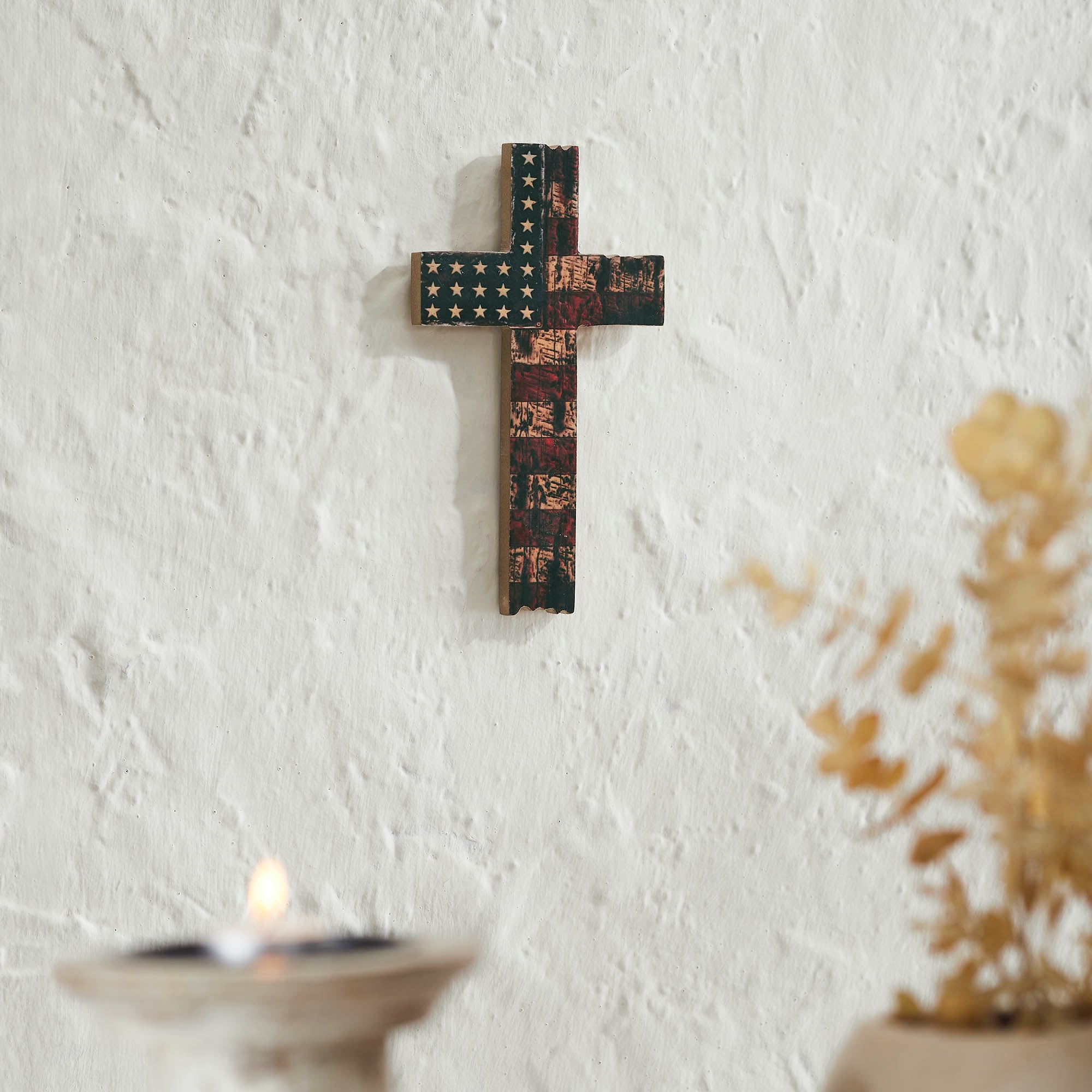 American Flag On Distressed Cross MDF Wall Sign