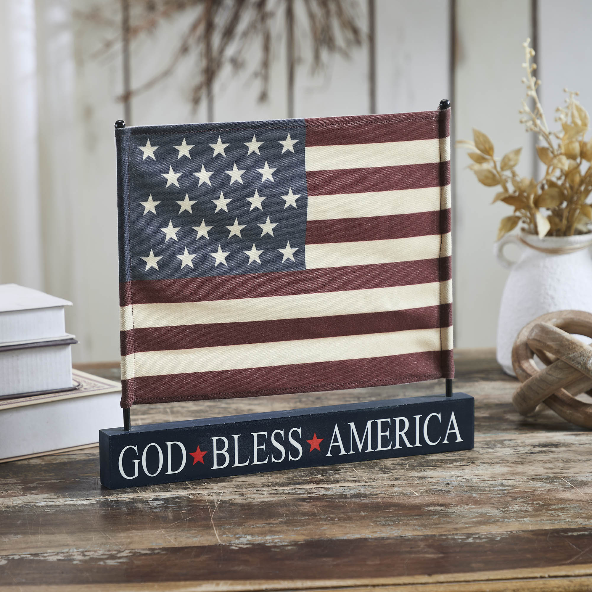 Canvas American Flag on Blue GBA MDF Base Decor 12x14x1