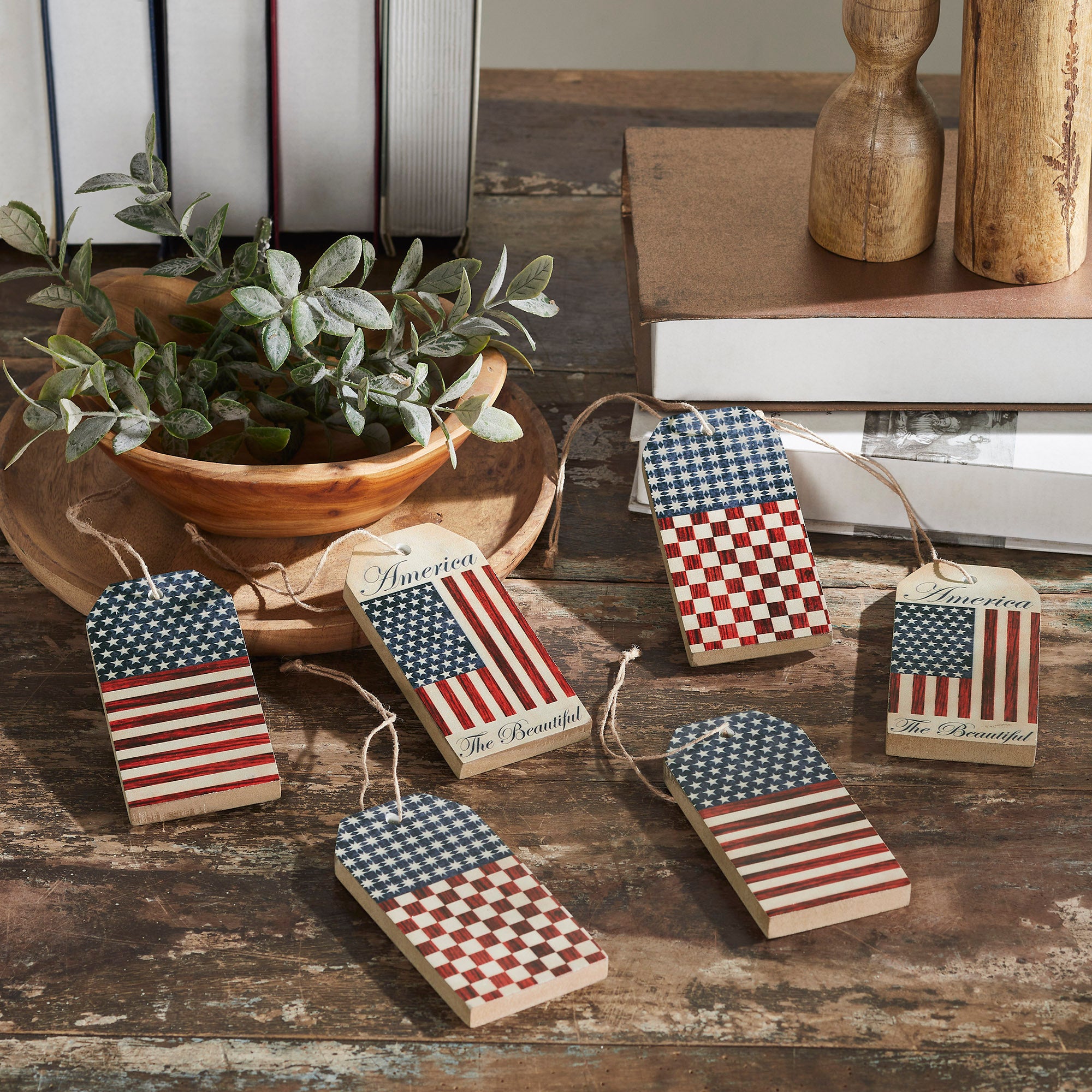 My Country Americana MDF Tag Ornaments w/ Twines Sets of 6