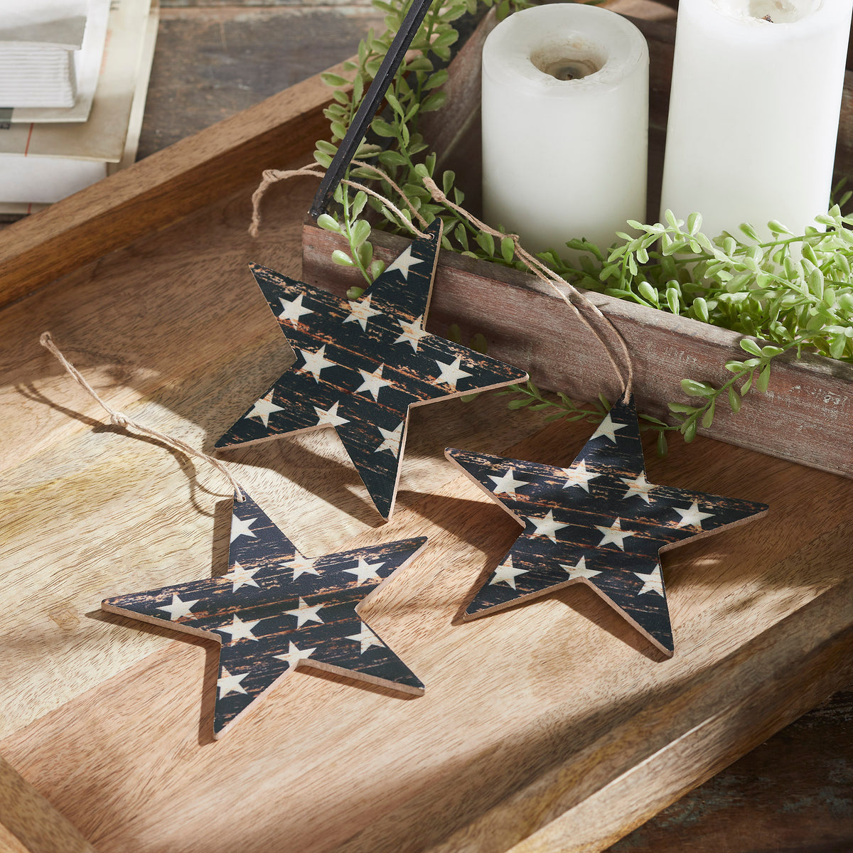 My Country White Stars On Navy MDF Star Ornament Set of 3