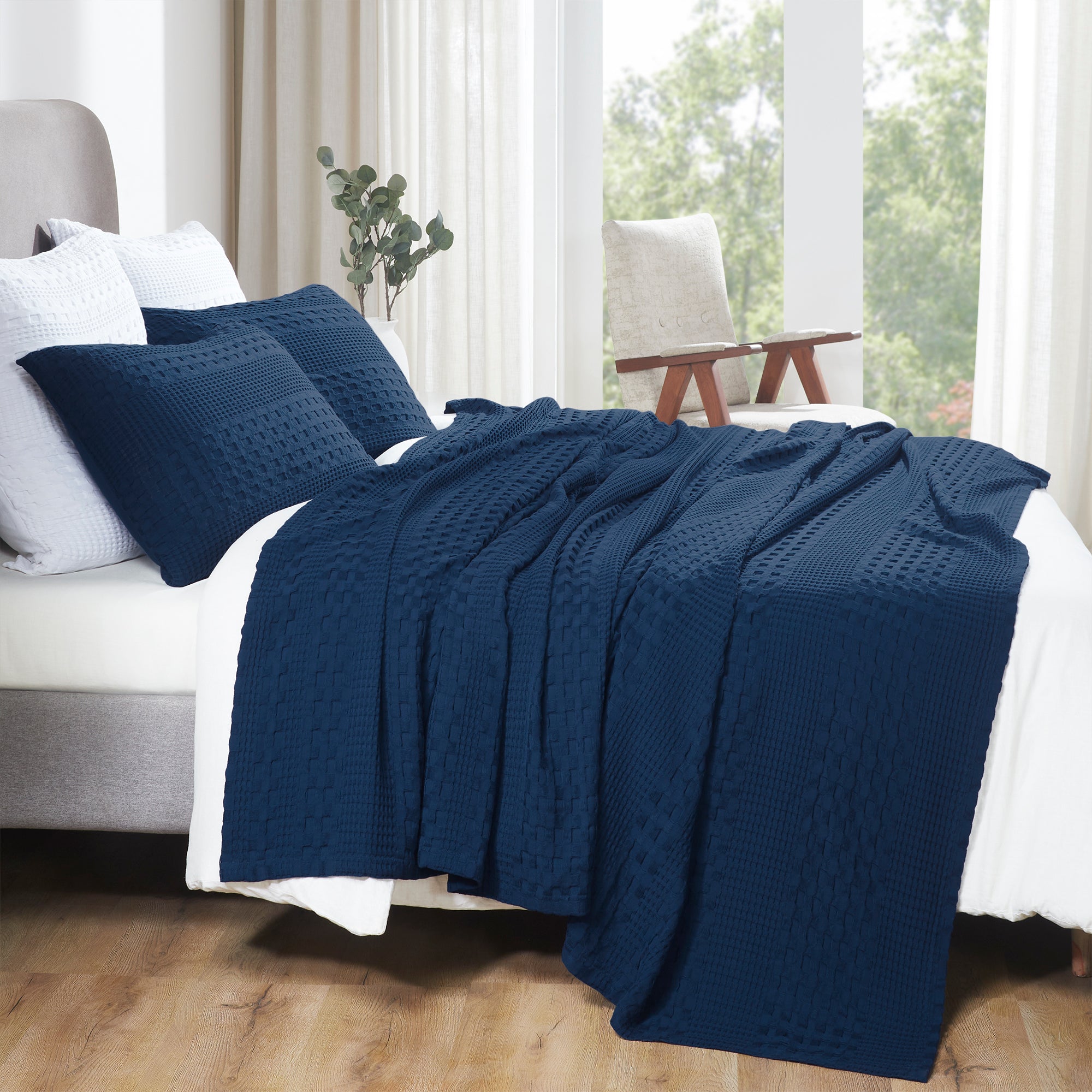 Waffle Weave Navy Blue Twin Blanket - 100% Cotton 66x90 Lightweight Cover for Bed, Couch, Sofa - Farmhouse & Boho Bedroom Decor