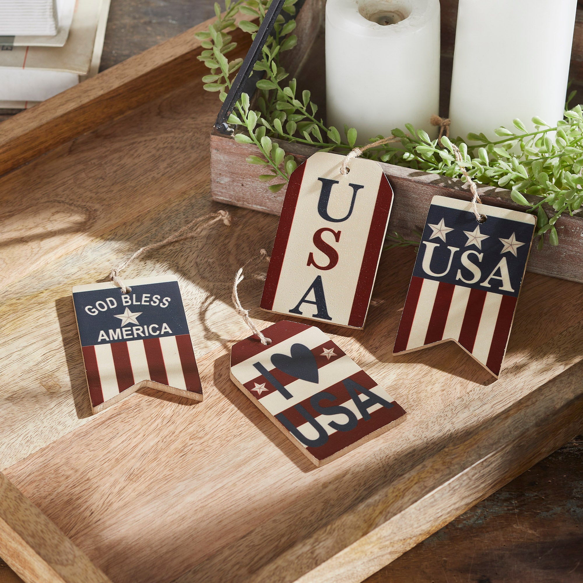 My Country USA RWB MDF Ornament w/ Twine Set of 4