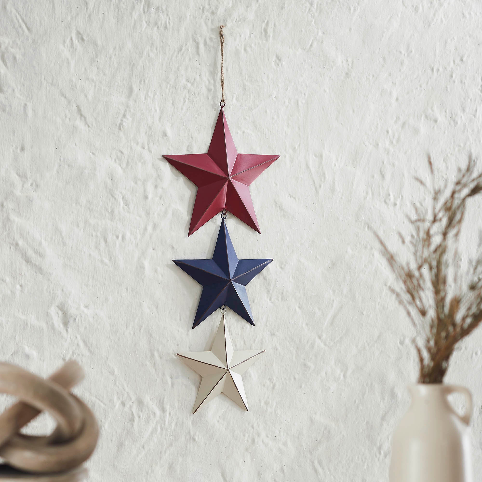 Painted Metal RWB Stars Wall Hanging w/ Jute Twine