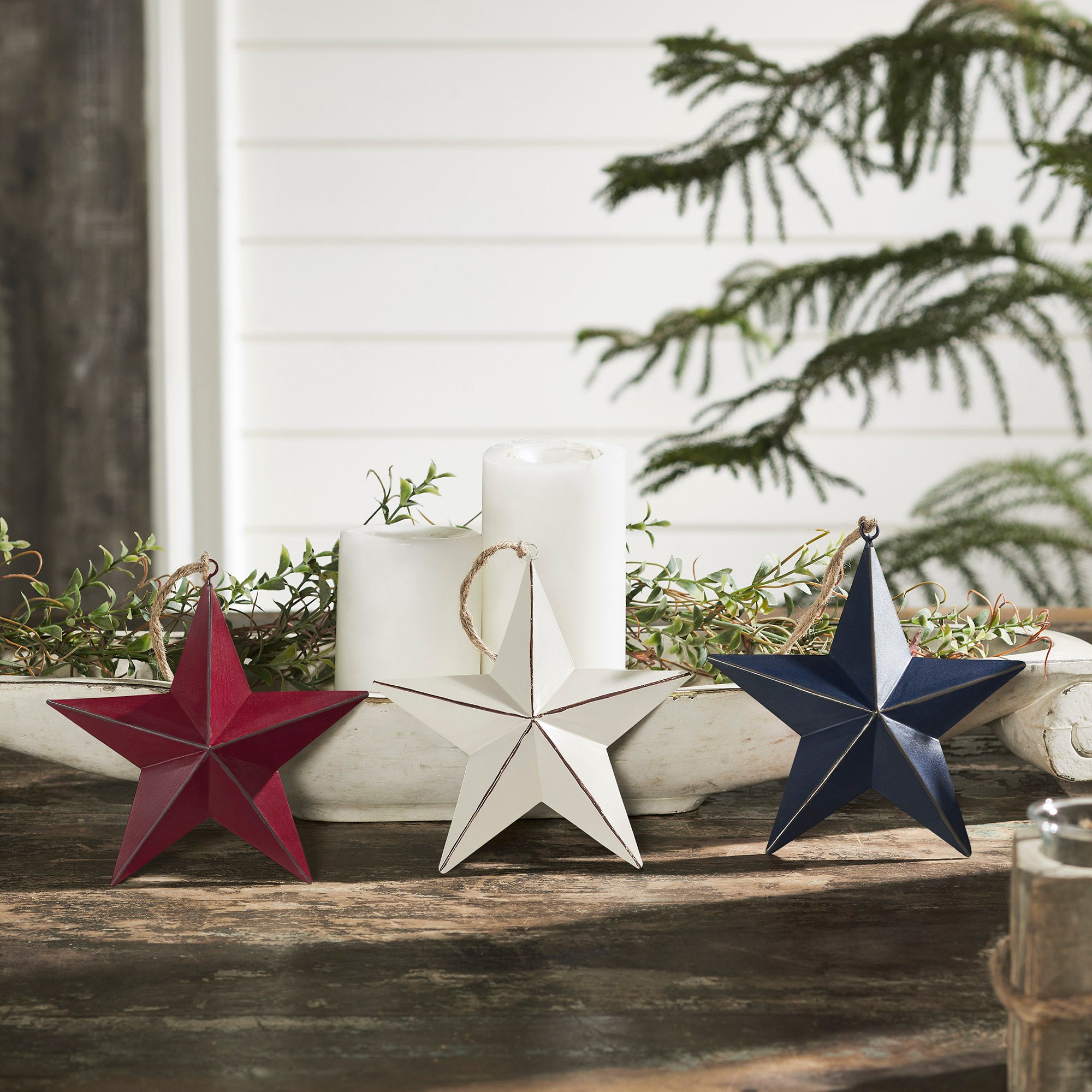Painted Metal RWB Stars Ornament Set of 3 Colors