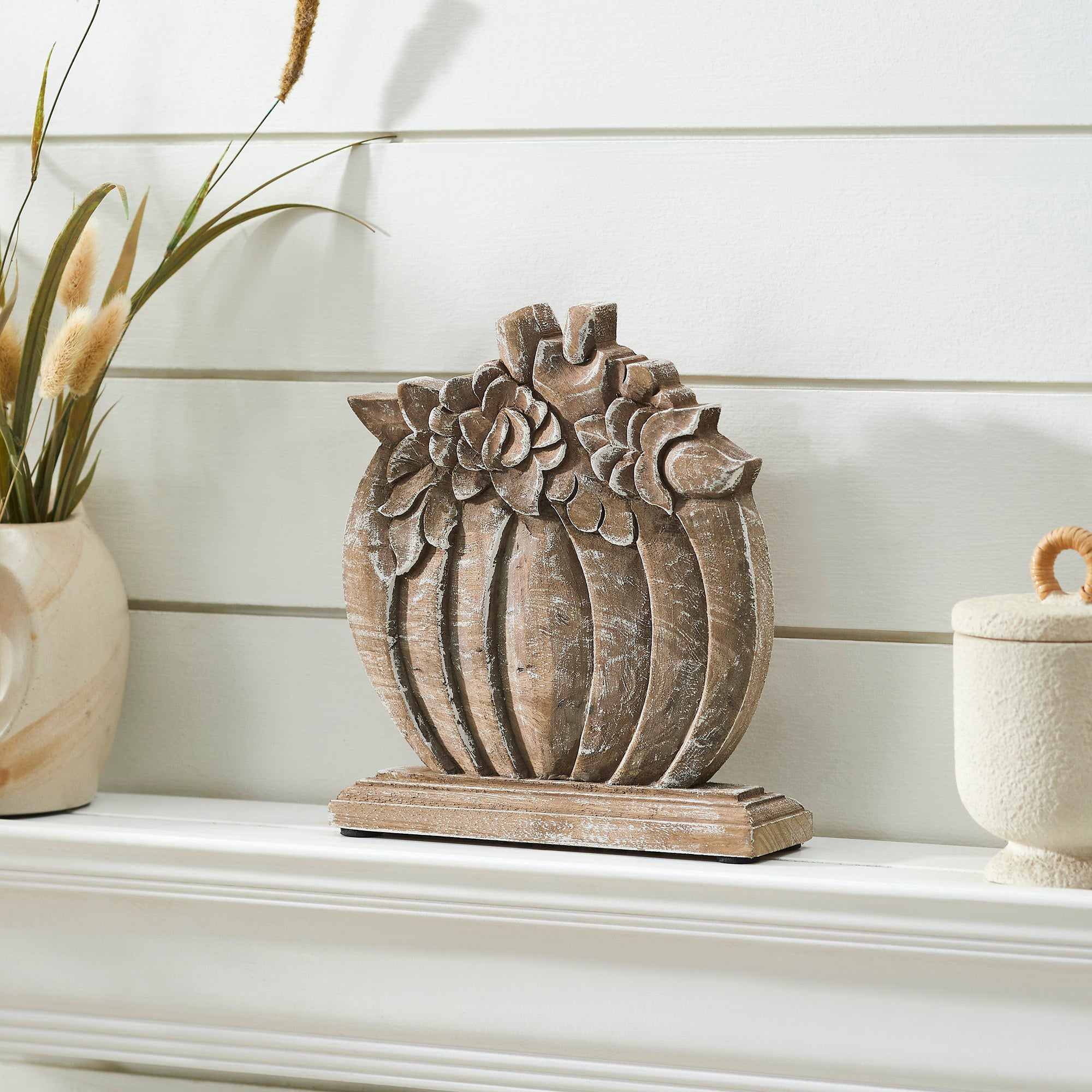 Rustic Farmhouse Carved Wooden Floral Crown Pumpkin Autumn Fall Harvest Tabletop Decor Inch