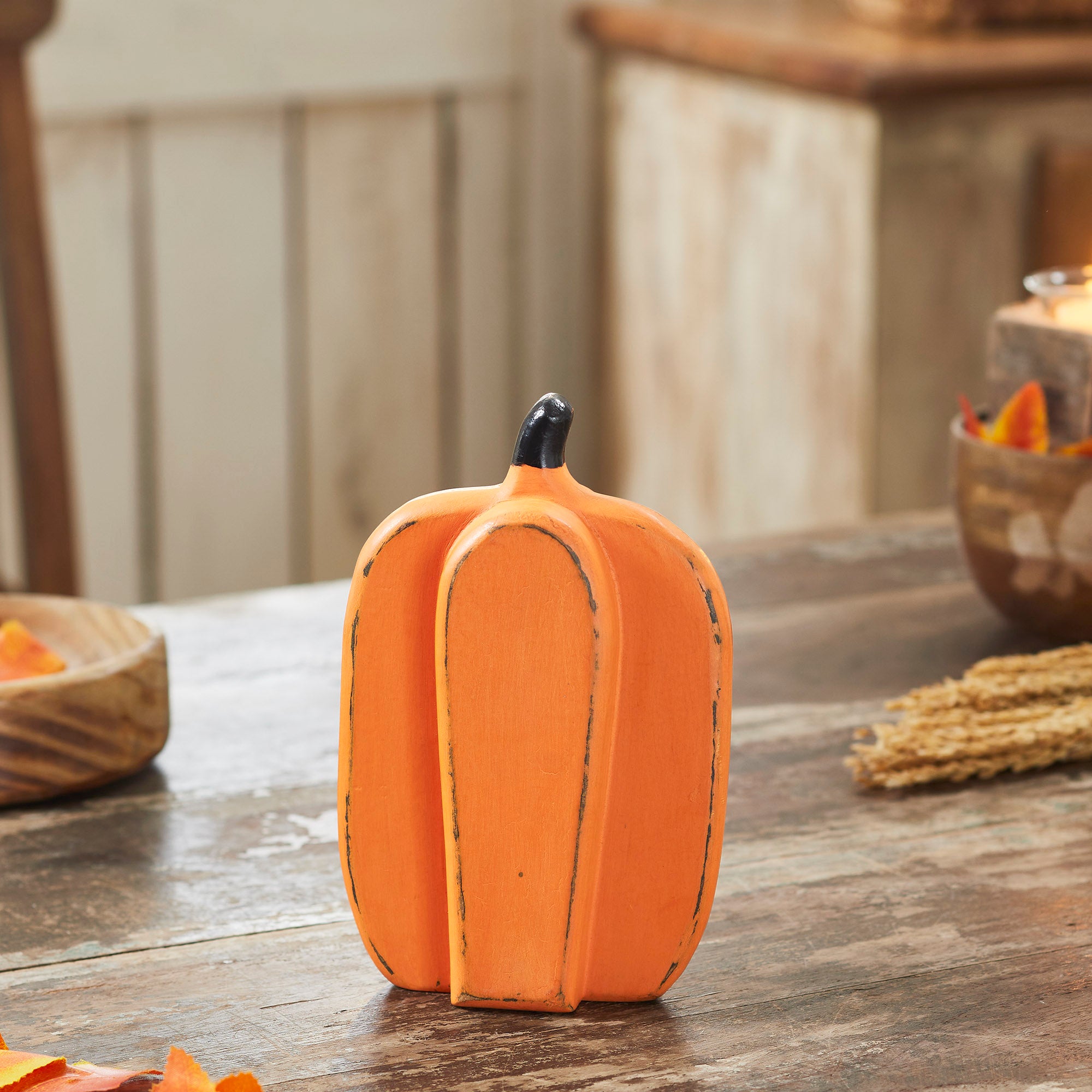 Rustic Wooden Fall Harvest Pumpkin Decor Tall Orange Tabletop Figurine