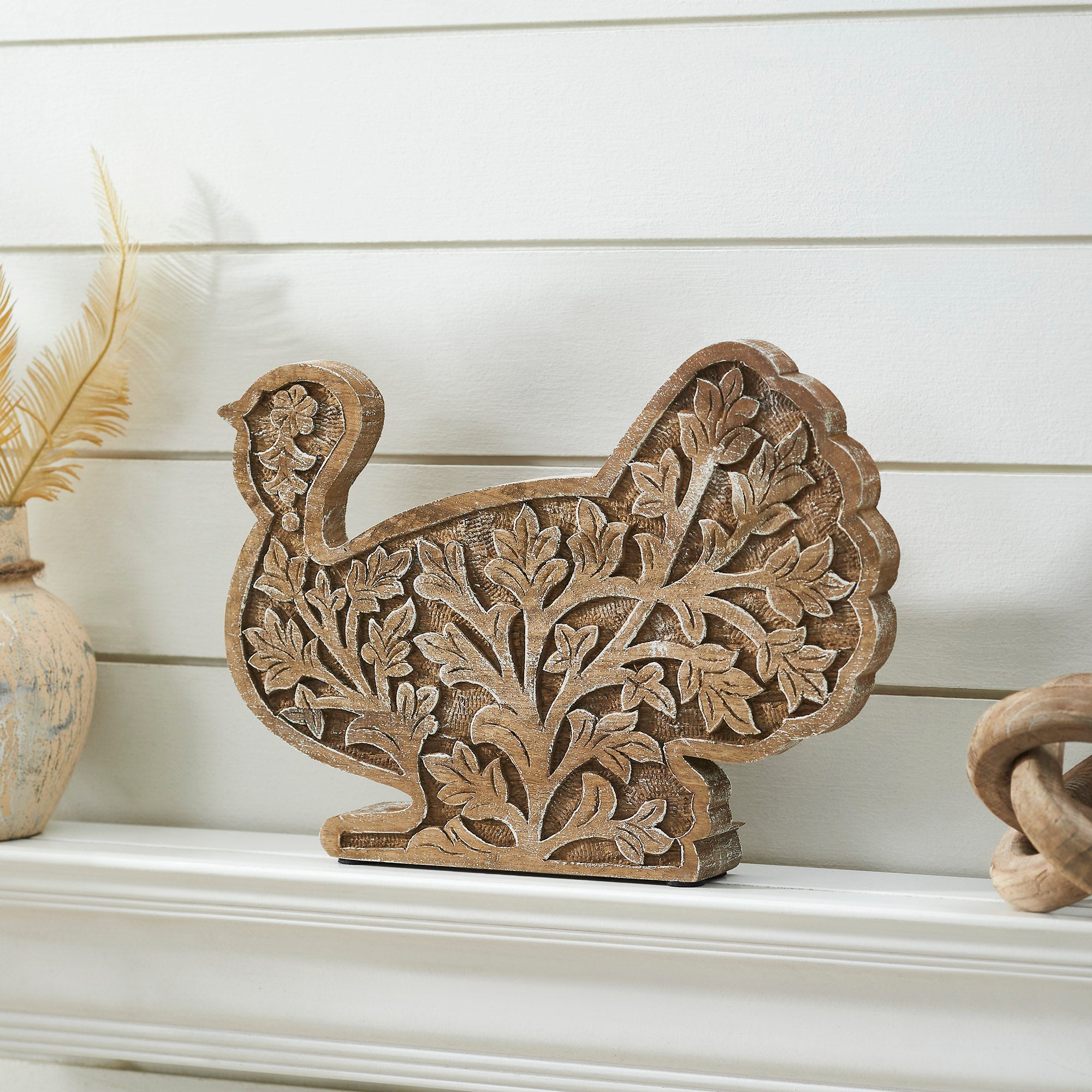 Autumn Harvest Carved Wooden Turkey Figurine, Fall Leaf Tabletop Decor, Thanksgiving Accent, 10x14x2