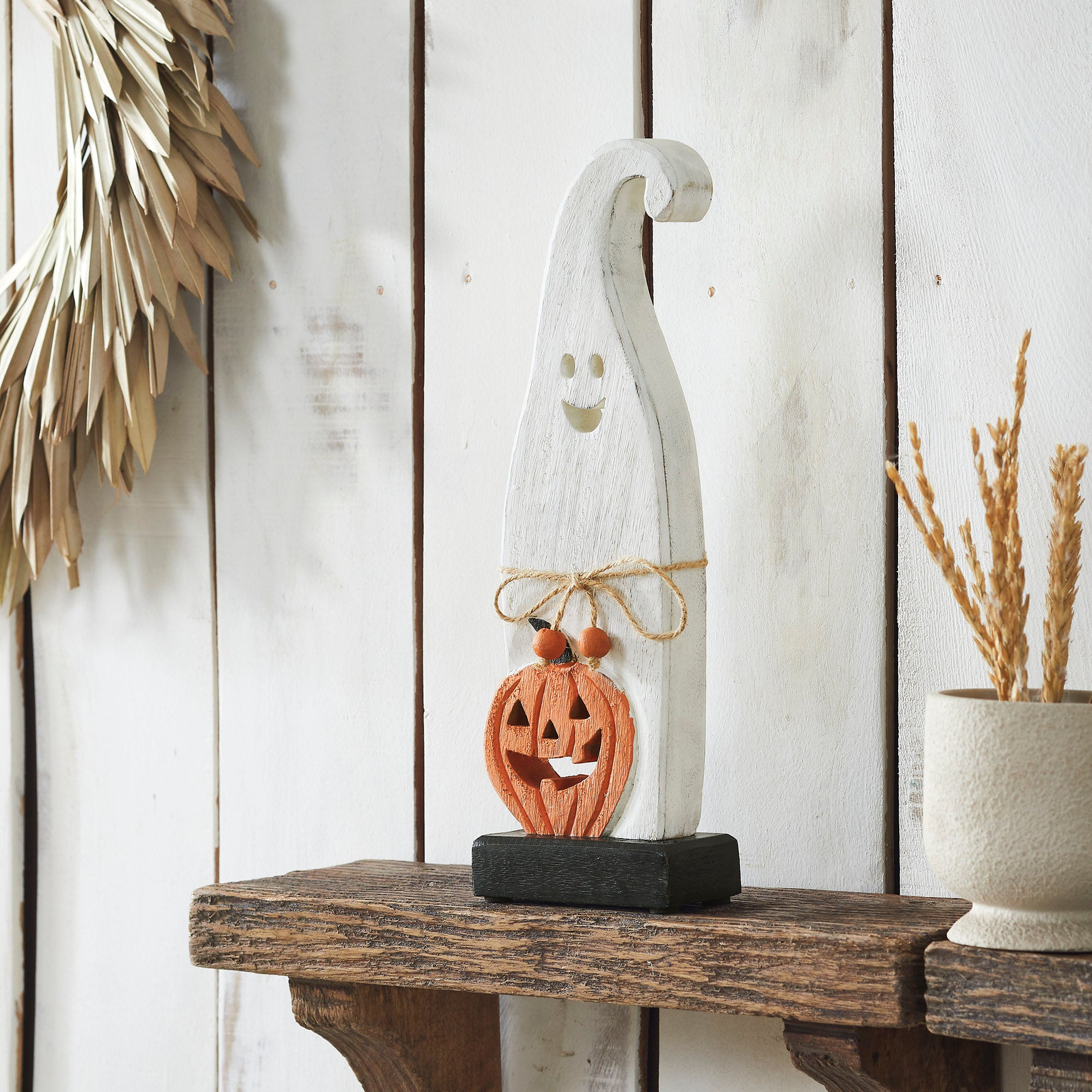 Whimsical Wooden Jack O Lantern Ghost Tabletop Decor Figurine Festive Fall Halloween Accent