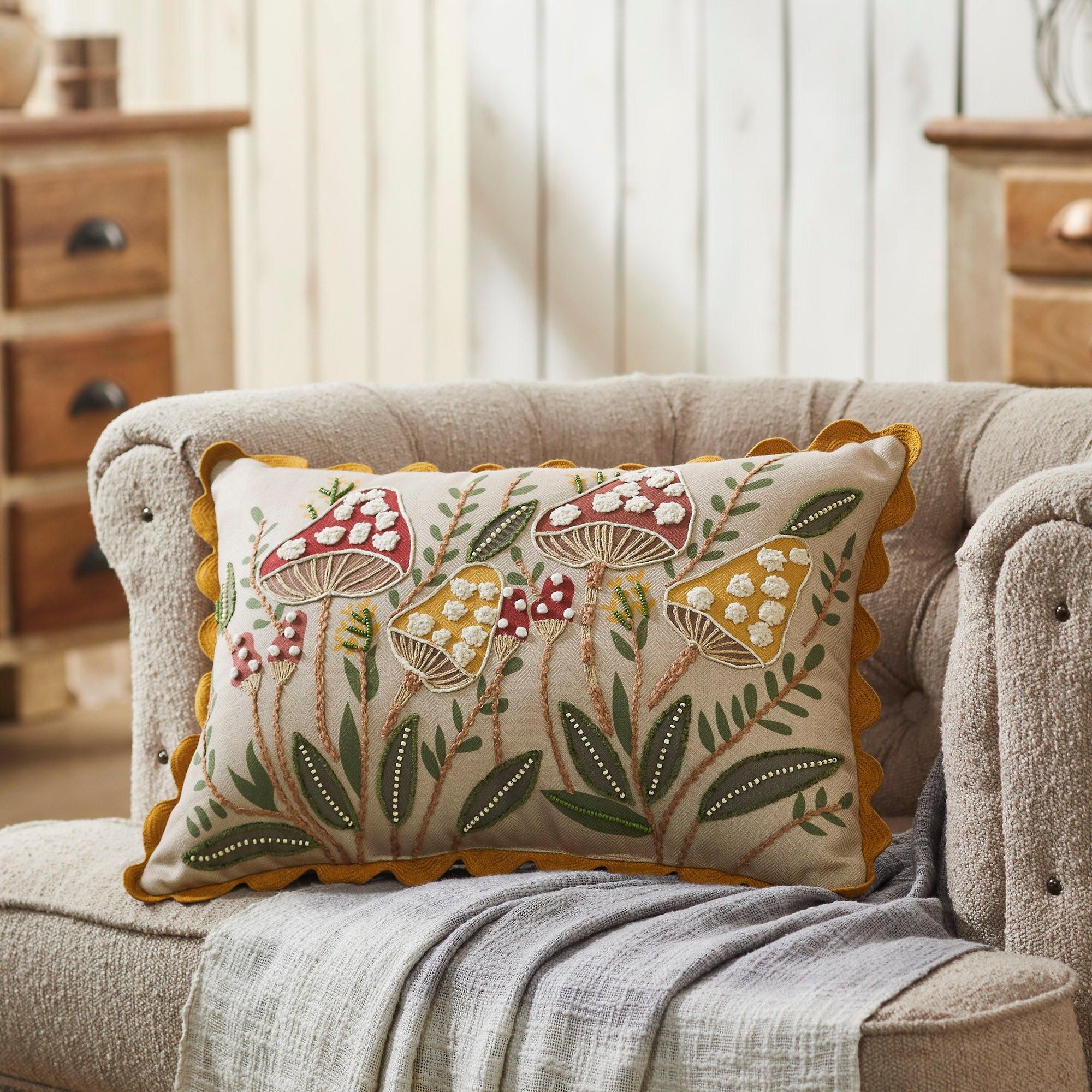 Embroidered Woodland Mushroom Lumbar Throw Pillow Rustic Farmhouse Accent Home Decor
