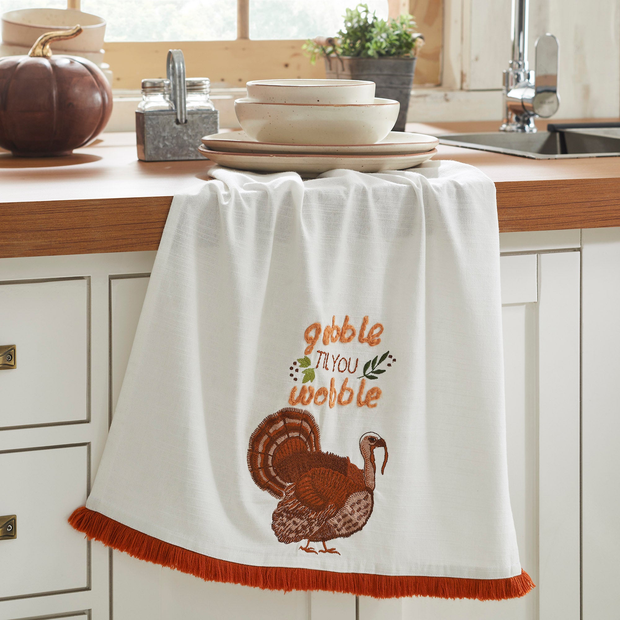 Festive Thanksgiving Gobble Til You Wobble Cotton Kitchen Dish Towel Absorbent Fall Decor
