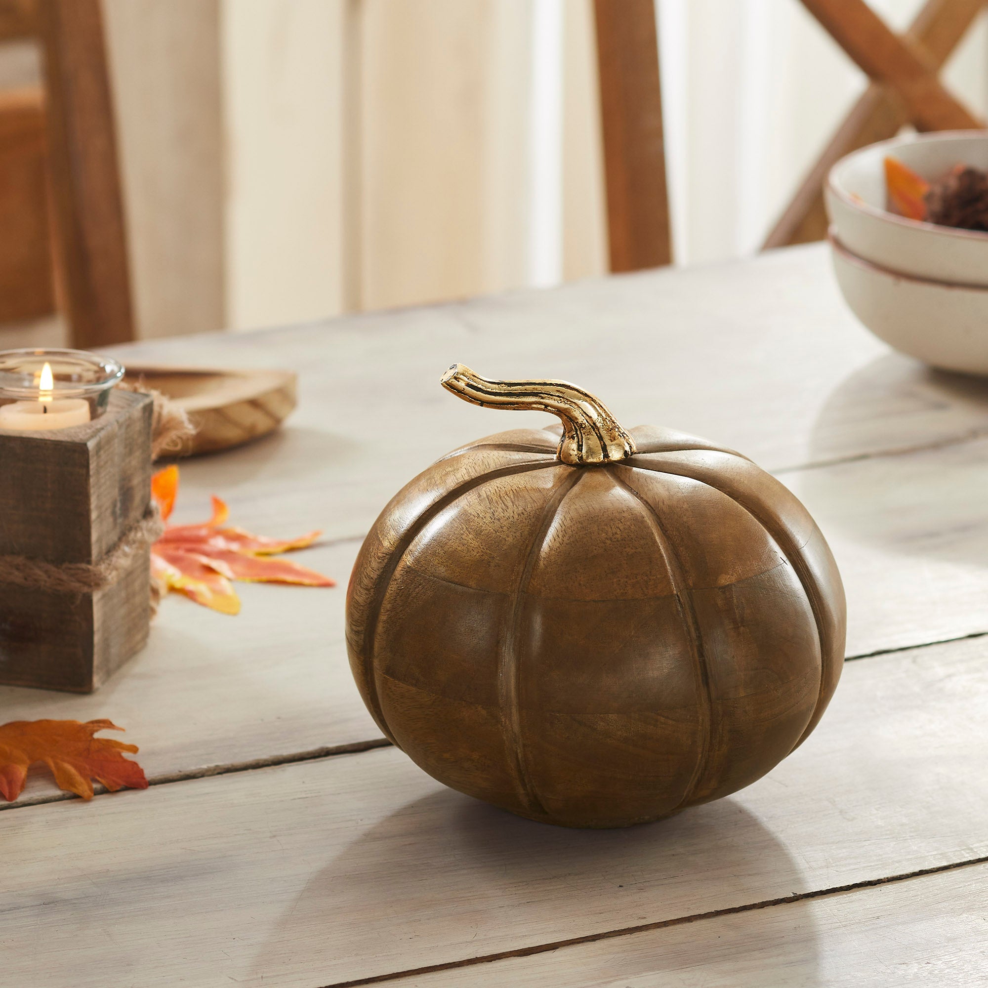 Heirloom Walnut Brown Wooden Pumpkin Fall Farmhouse Tabletop Autumn Decor