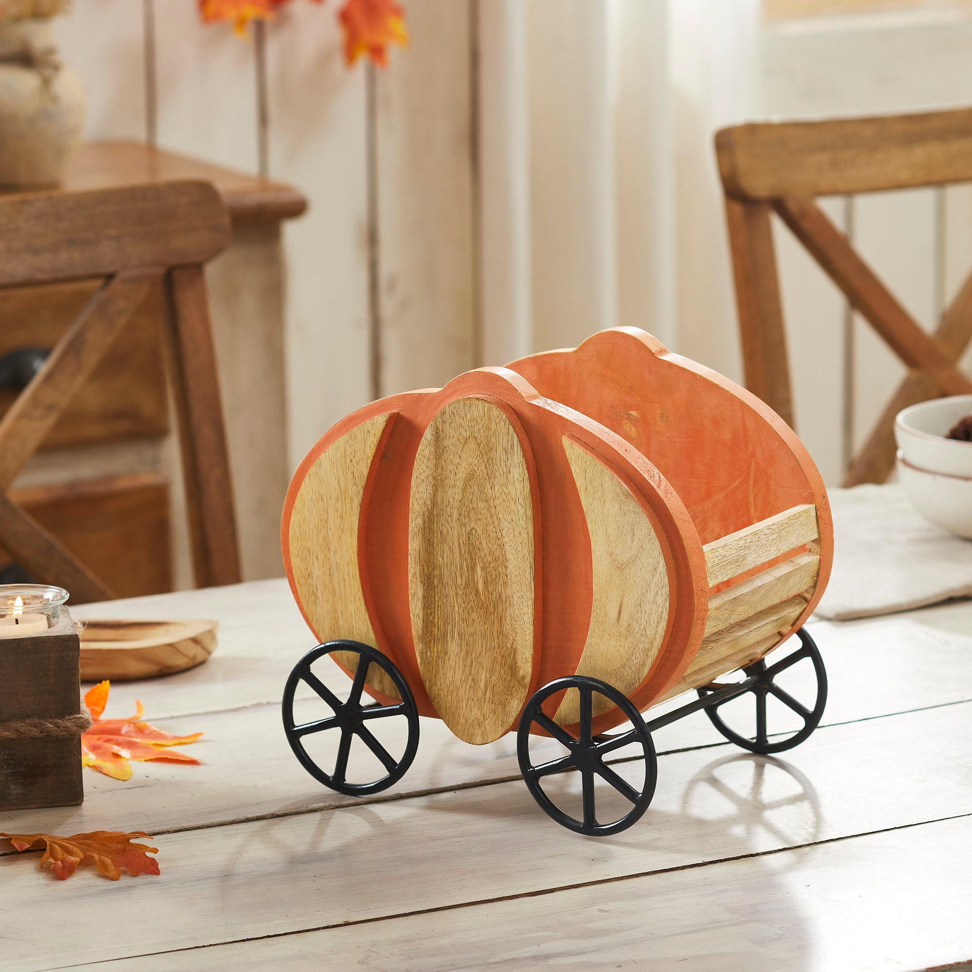 Rustic Wooden Pumpkin Carriage with Iron Wheels Fall Harvest Farmhouse Tabletop Accent Decor 11 Tall