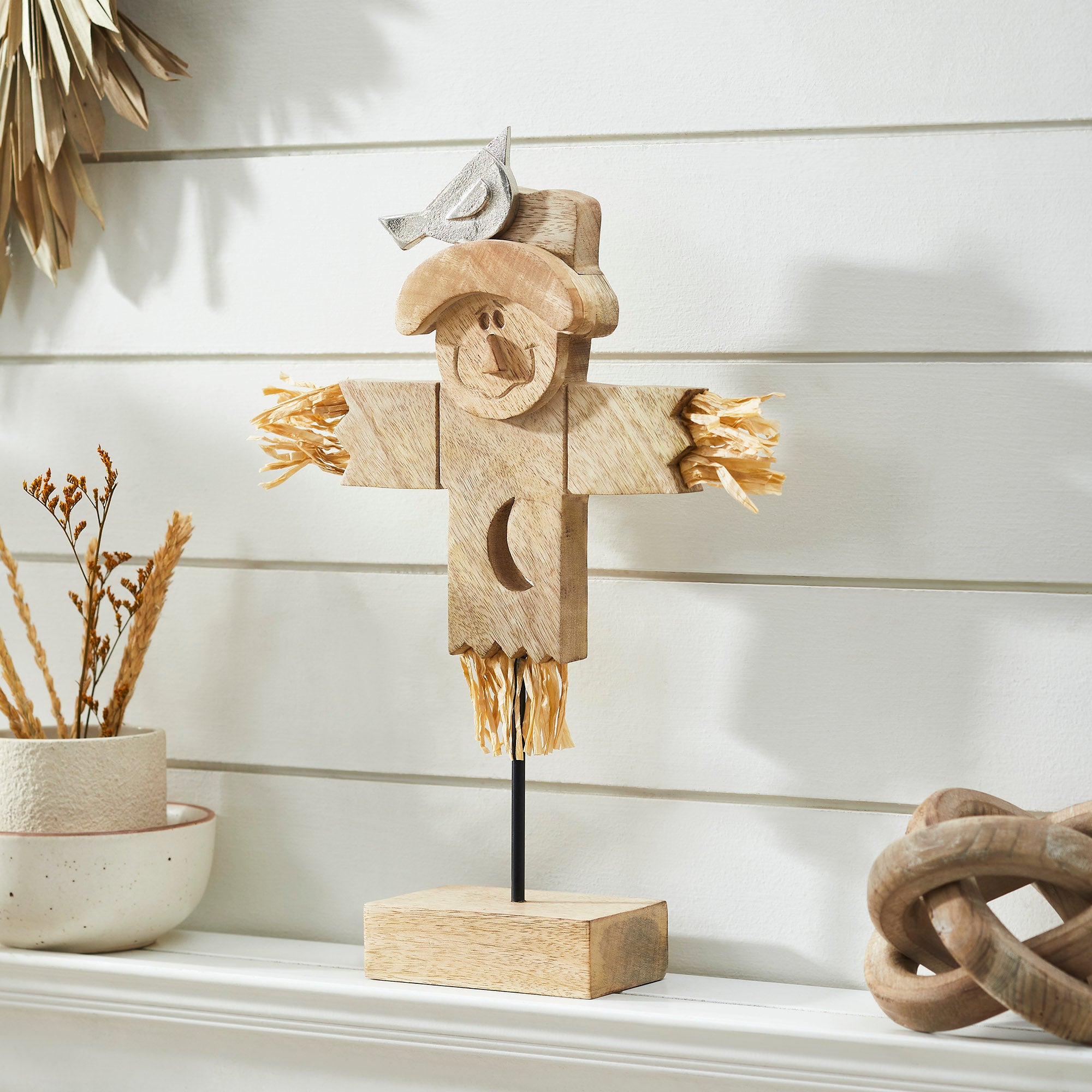 Natural Wooden Scarecrow Figurine 16.25 Rustic Fall Halloween Decor Farmhouse Harvest Tabletop Accent