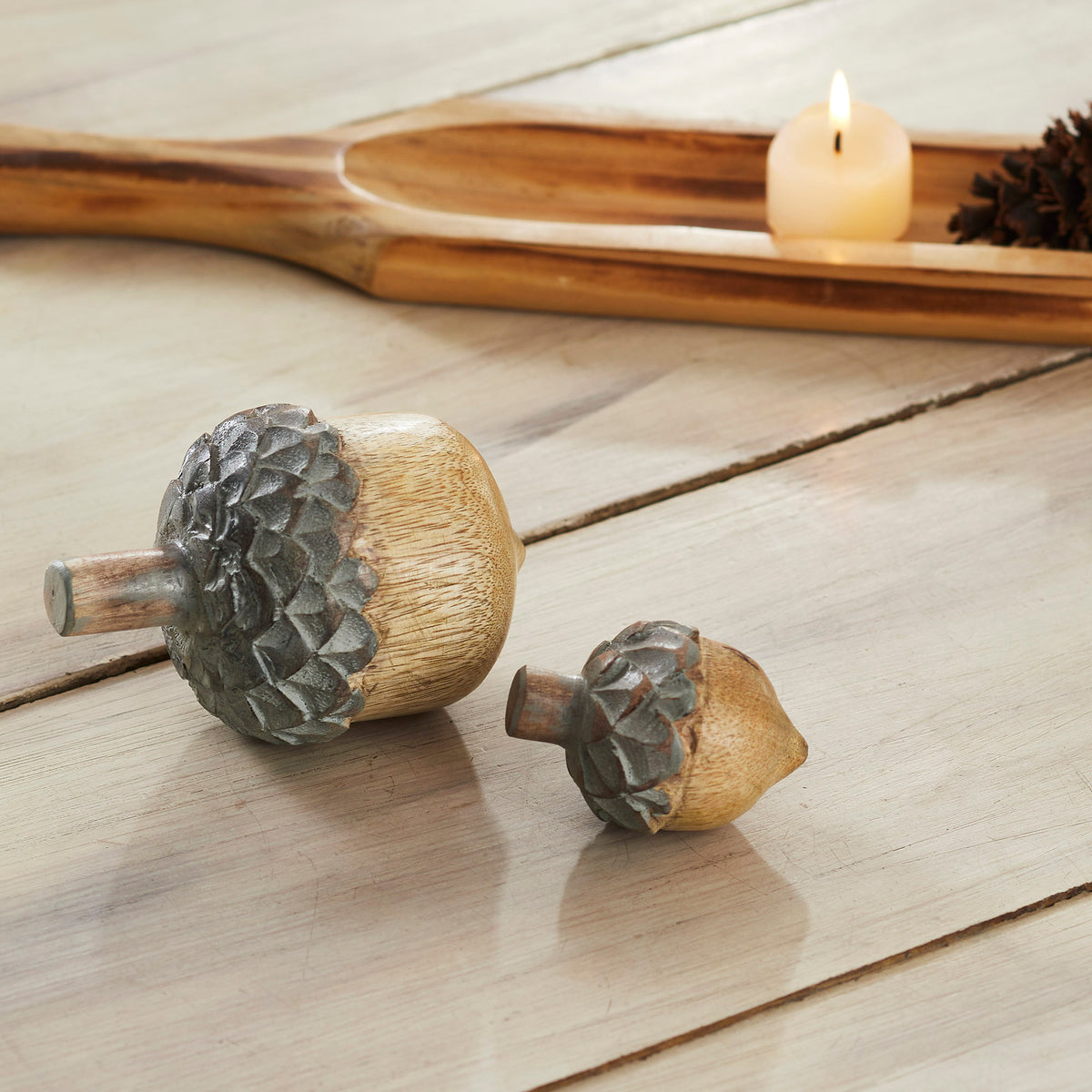Natural Wood Acorn Decor Set of 2 Rustic Fall Tabletop Accents & Autumn Home Decorations, 2.75 & 4.5 Figurines