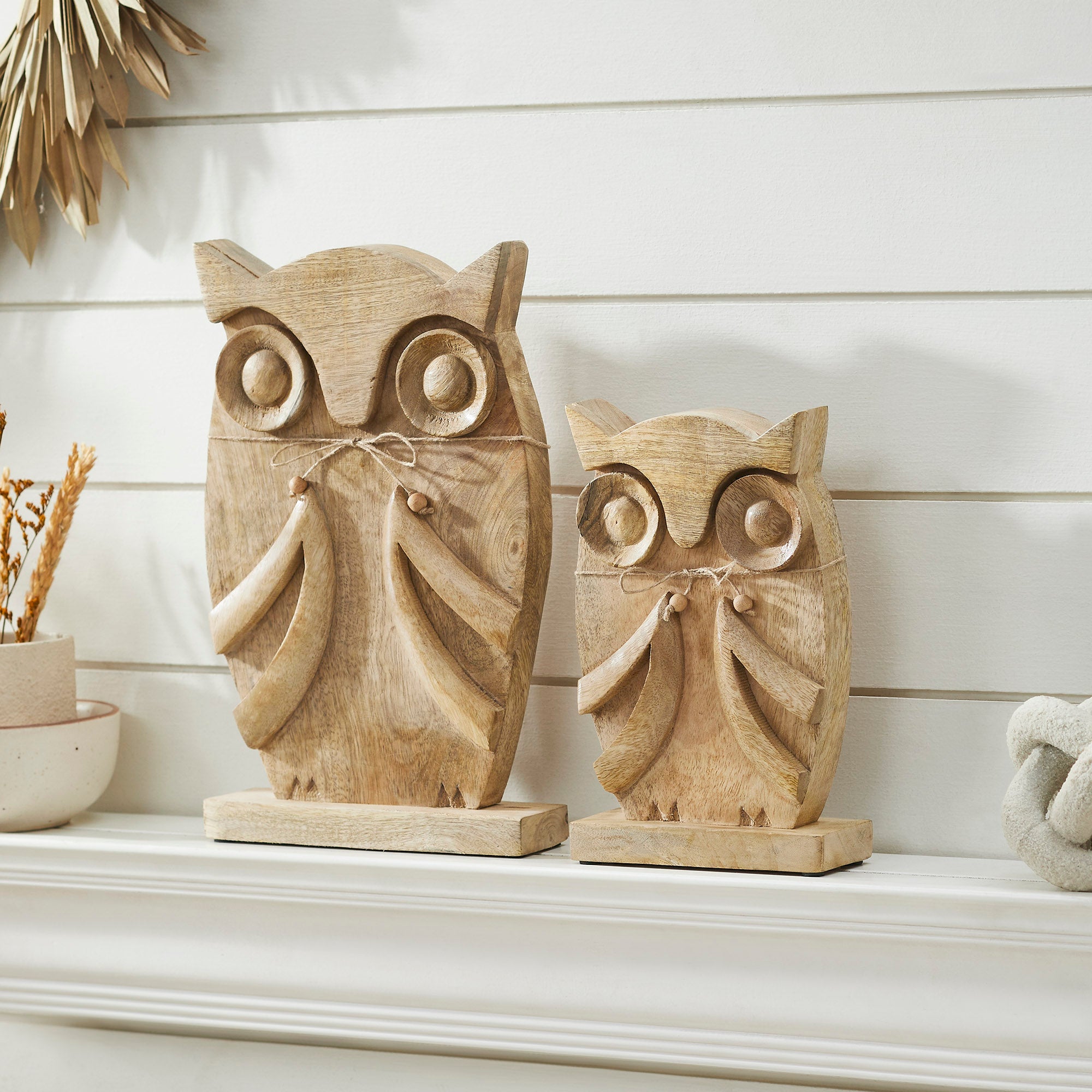Natural Wooden Owl Decor Statues, Hand Carved Solid Wood Figurines, Set of 2 Rustic Farmhouse Home Accents (9.75 inch & 13.25 inch)
