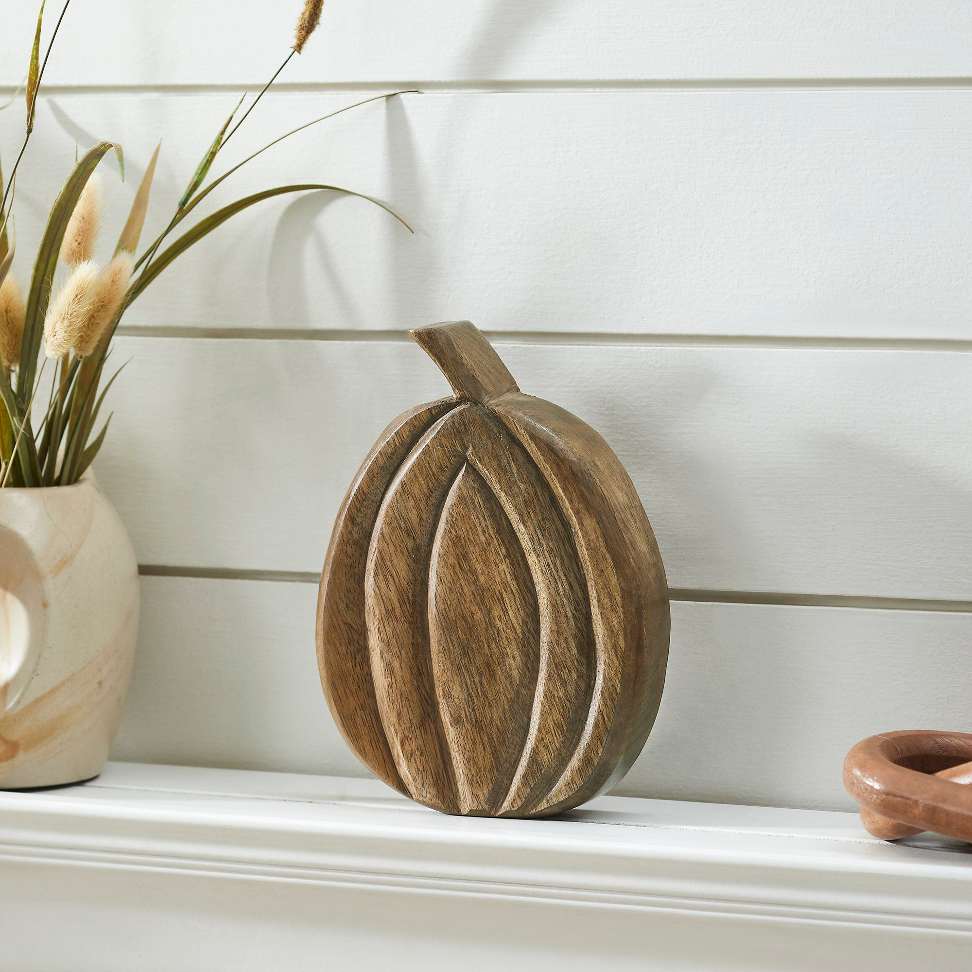 Carved Wood Pumpkin Fall Decor Rustic Walnut Brown Tabletop Accent inch