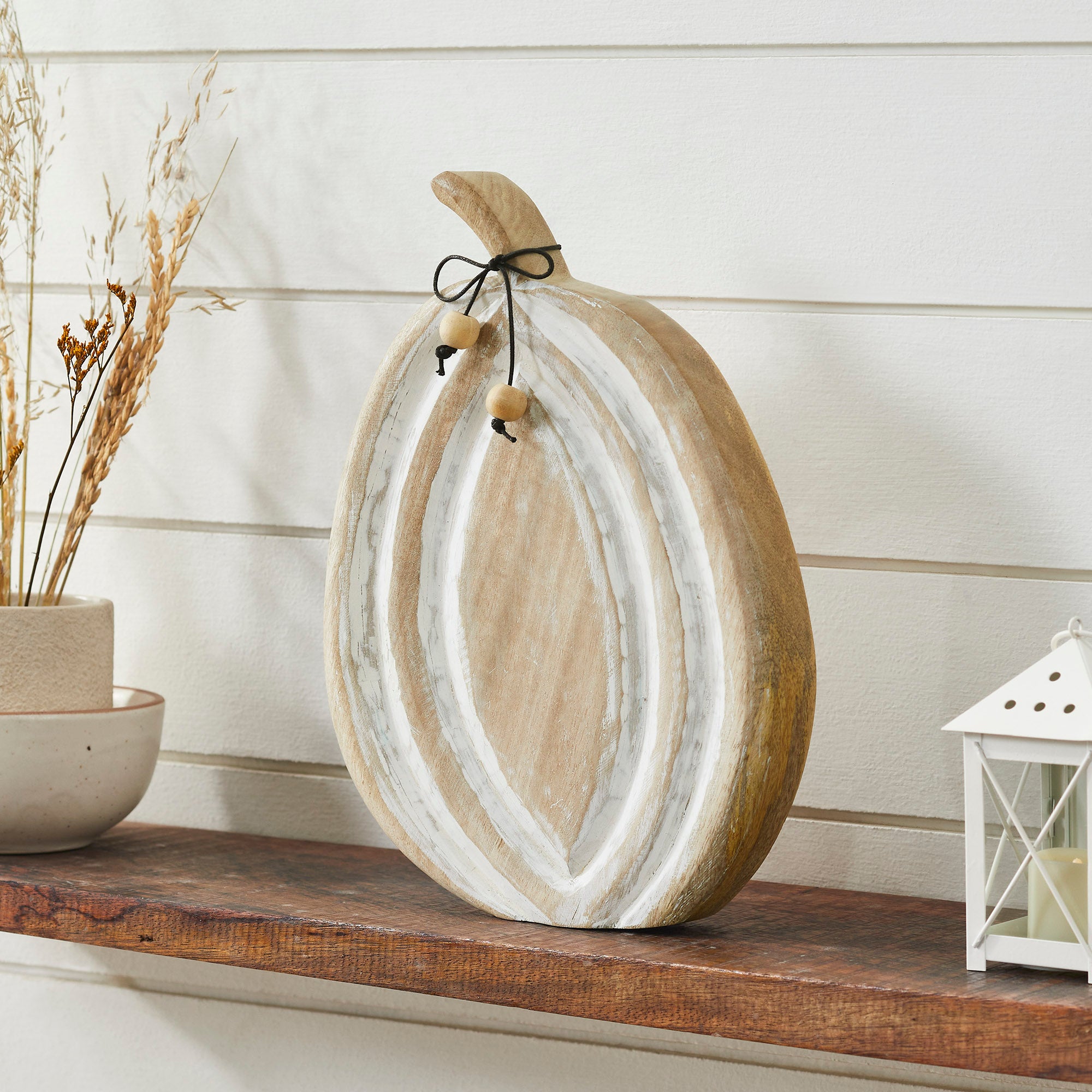 Distressed White Carved Wooden Pumpkin Rustic Farmhouse Fall Autumn Home Decor Seasonal Tabletop Accent