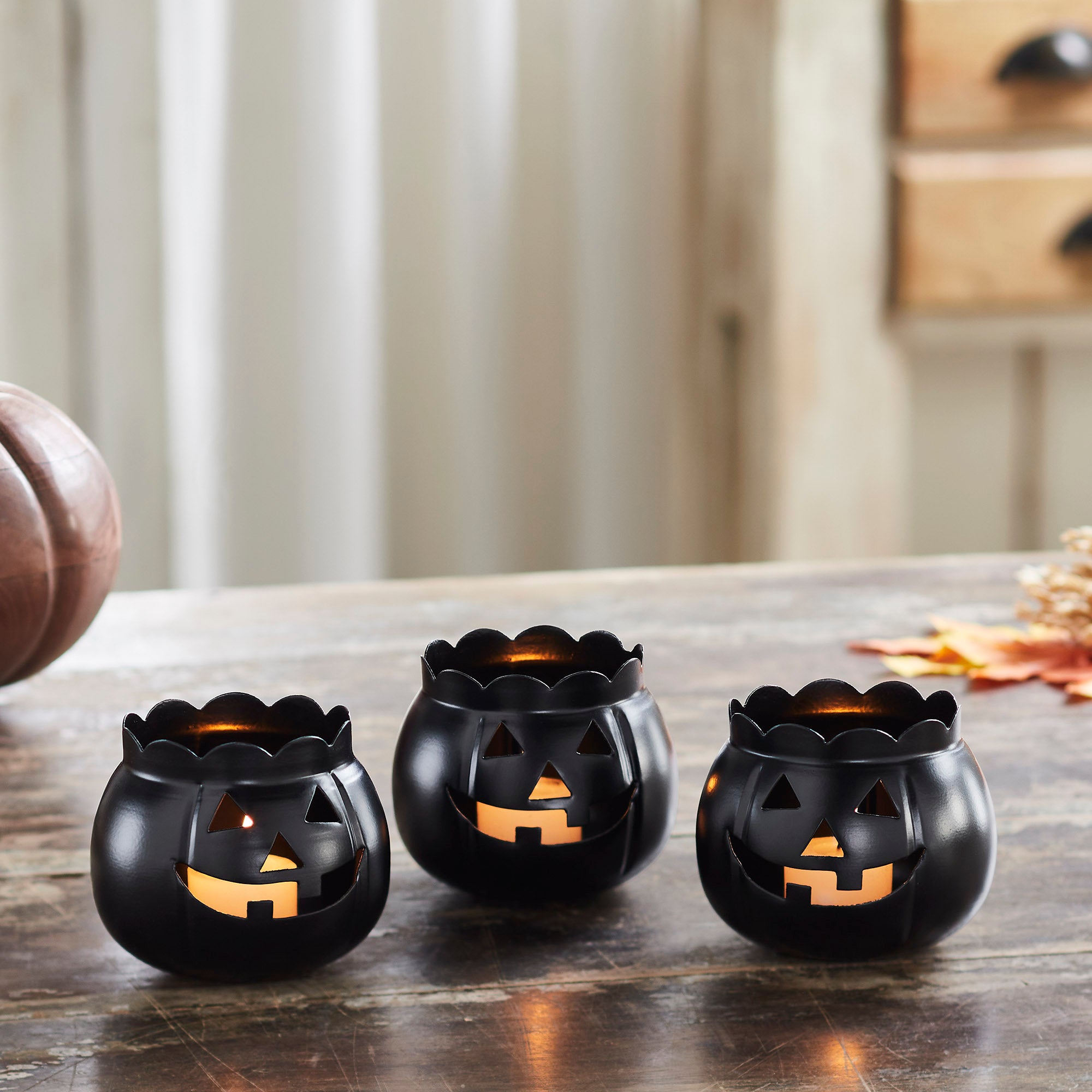 Halloween Black Jack O Lantern Candle Holder Set of 3 Spooky Pumpkin Tabletop Votive & Tea Light Decor